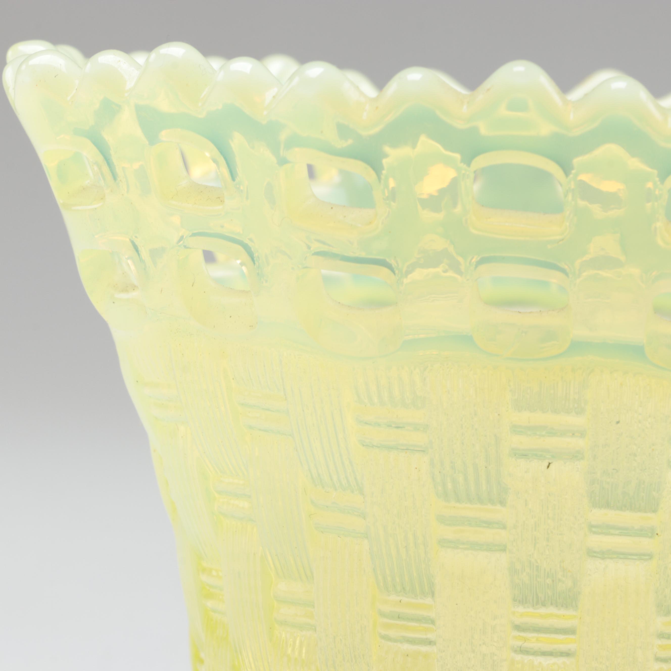 EAPG Daisy and Button Vaseline Glass Tableware with Fenton "Basketweave" Vase