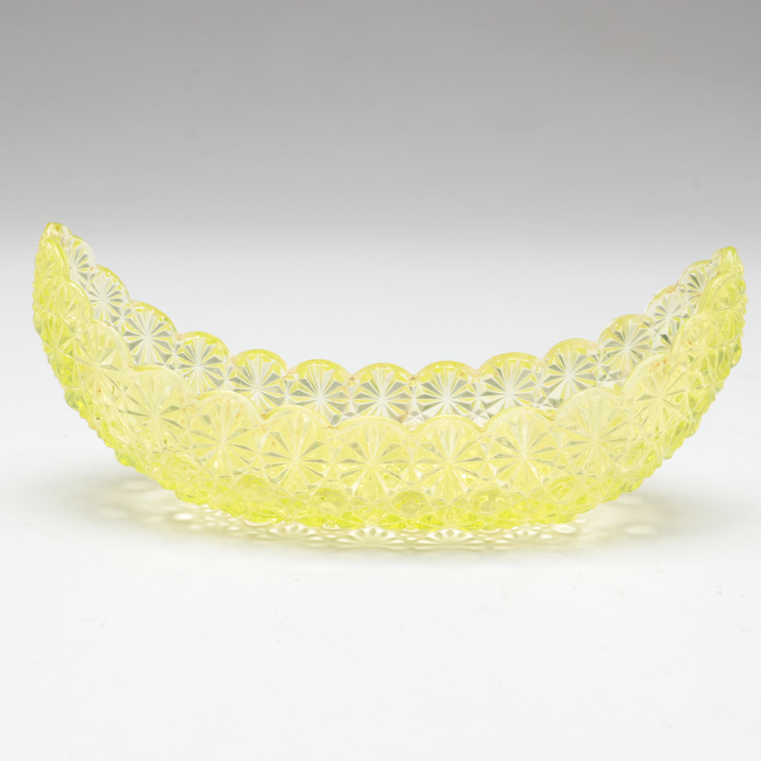 EAPG Daisy and Button Vaseline Glass Tableware with Fenton "Basketweave" Vase