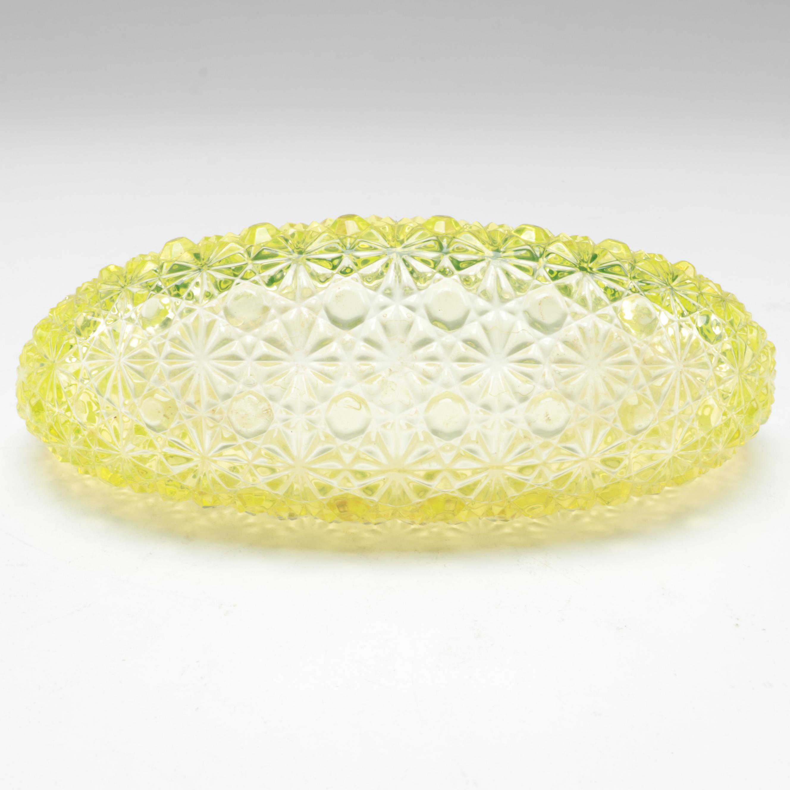 EAPG Daisy and Button Vaseline Glass Tableware with Fenton "Basketweave" Vase