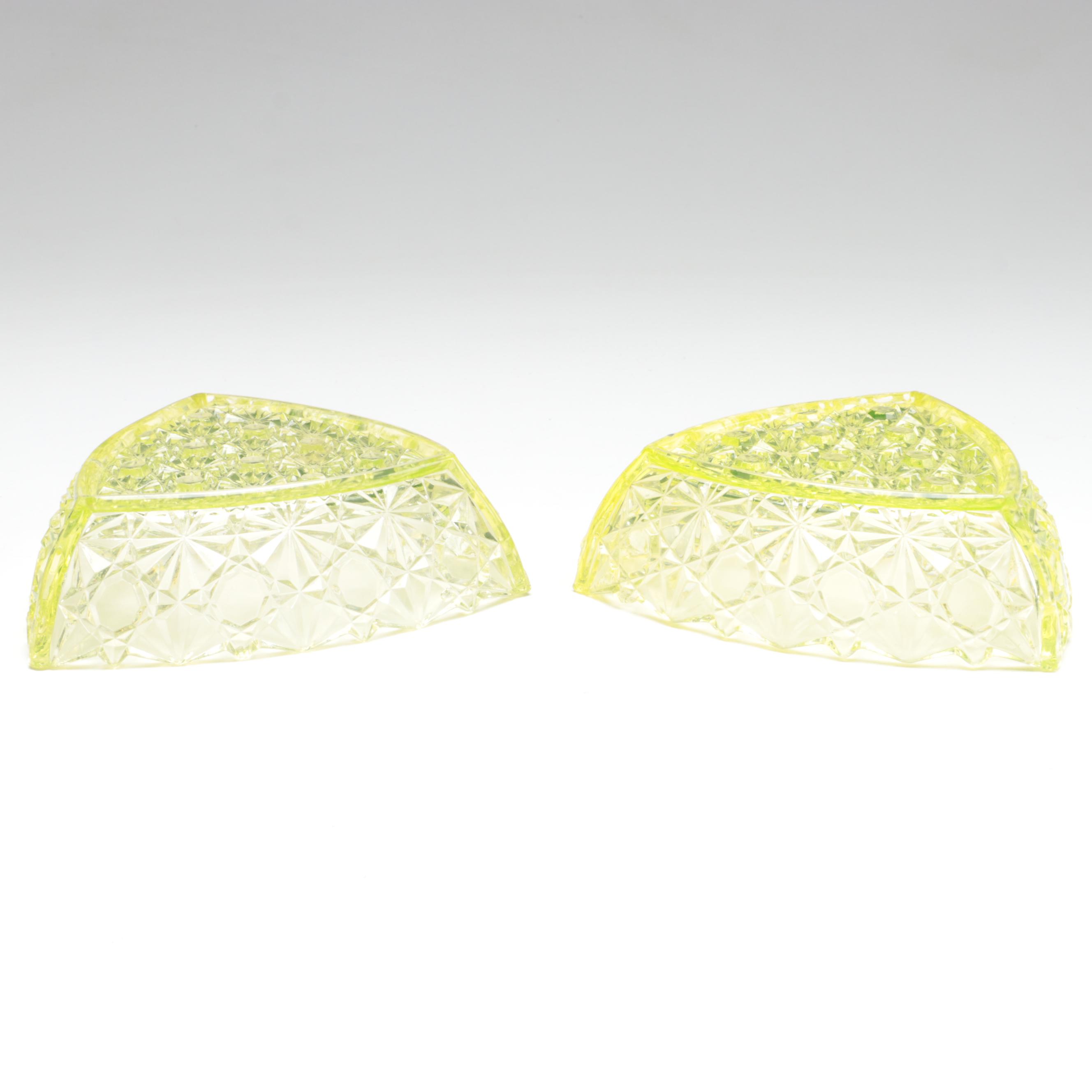 EAPG Daisy and Button Vaseline Glass Tableware with Fenton "Basketweave" Vase