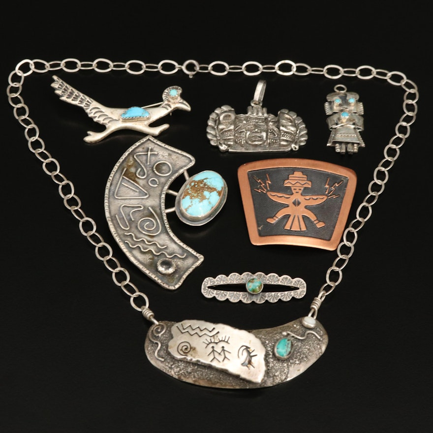 M. Ortiz Turquoise Kachina Featured in Jewelry with Roadrunner and Knifewing