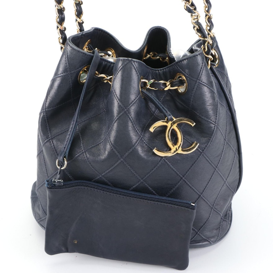 Chanel Small Drawstring Bucket Bag in Dark Blue Diamond-Stitched Lambskin