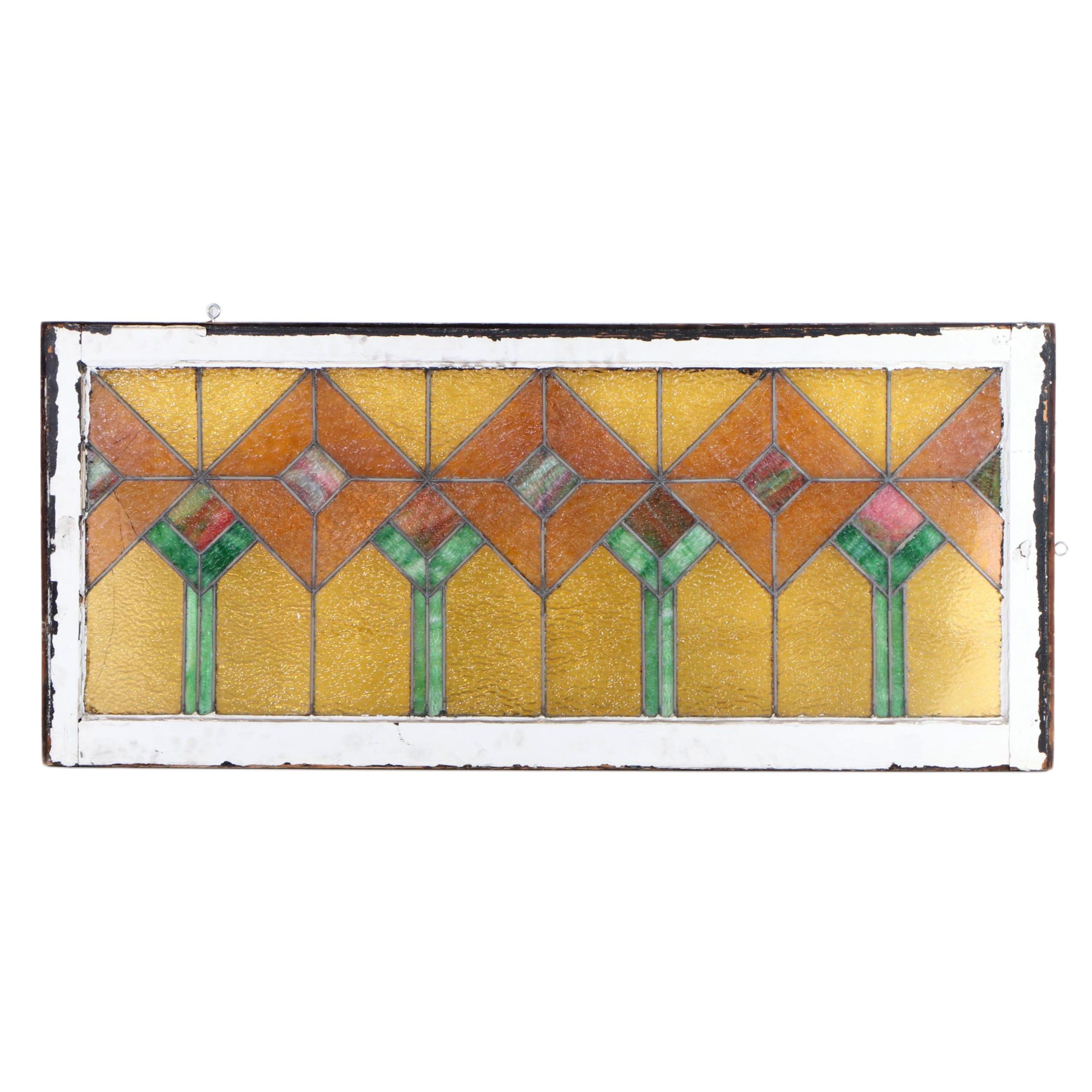 Arts and Crafts Slag and Amber Glass Window Panel