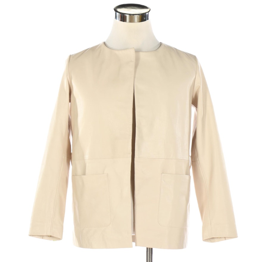 Leather Straight Silhouette Jacket in Ivory