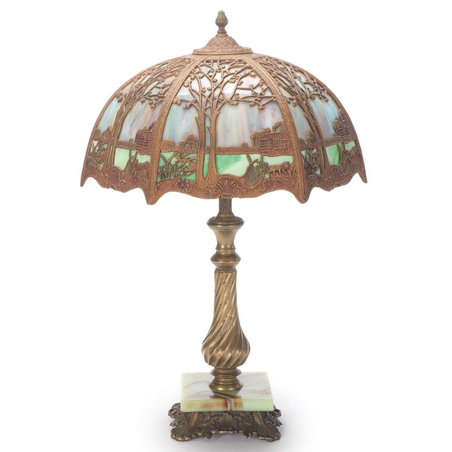Fostoria Brass and Slag Glass Lamp With Bent Slag Glass and Overlay Shade