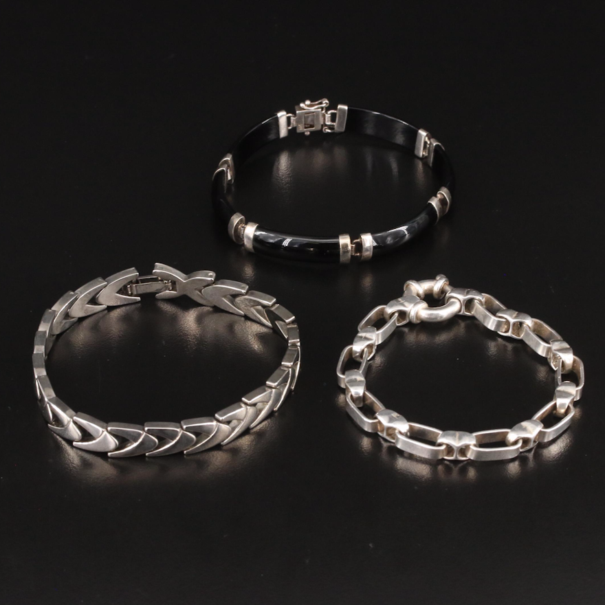 Mexican and Italian Sterling Link Bracelets Including Black Onyx