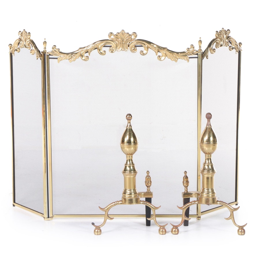 Virginia Metalcrafters Chippendale Brass Andirons withRococo Style Screen