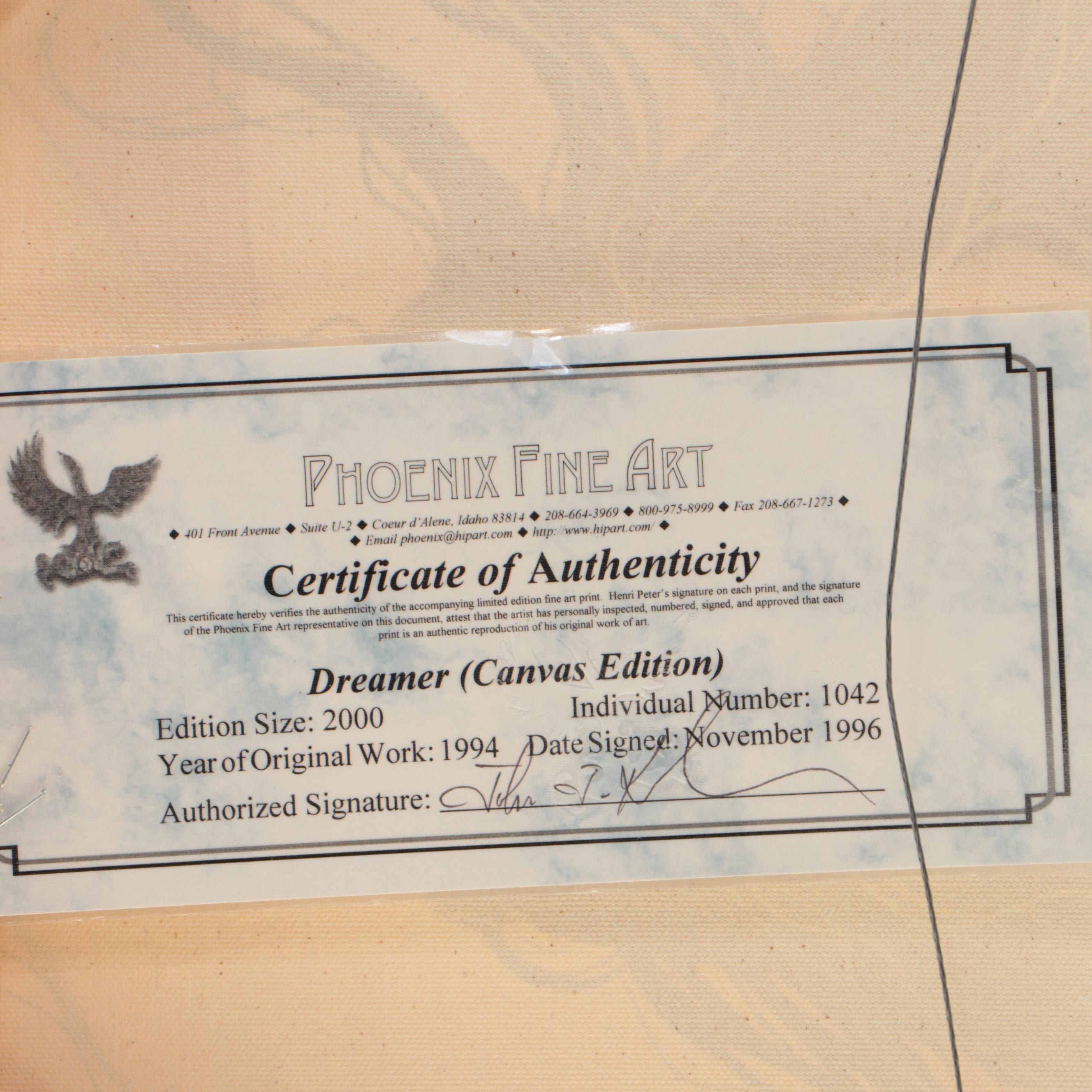 Henri Peter Portrait Offset Lithograph of Native American Figure "Dreamer"