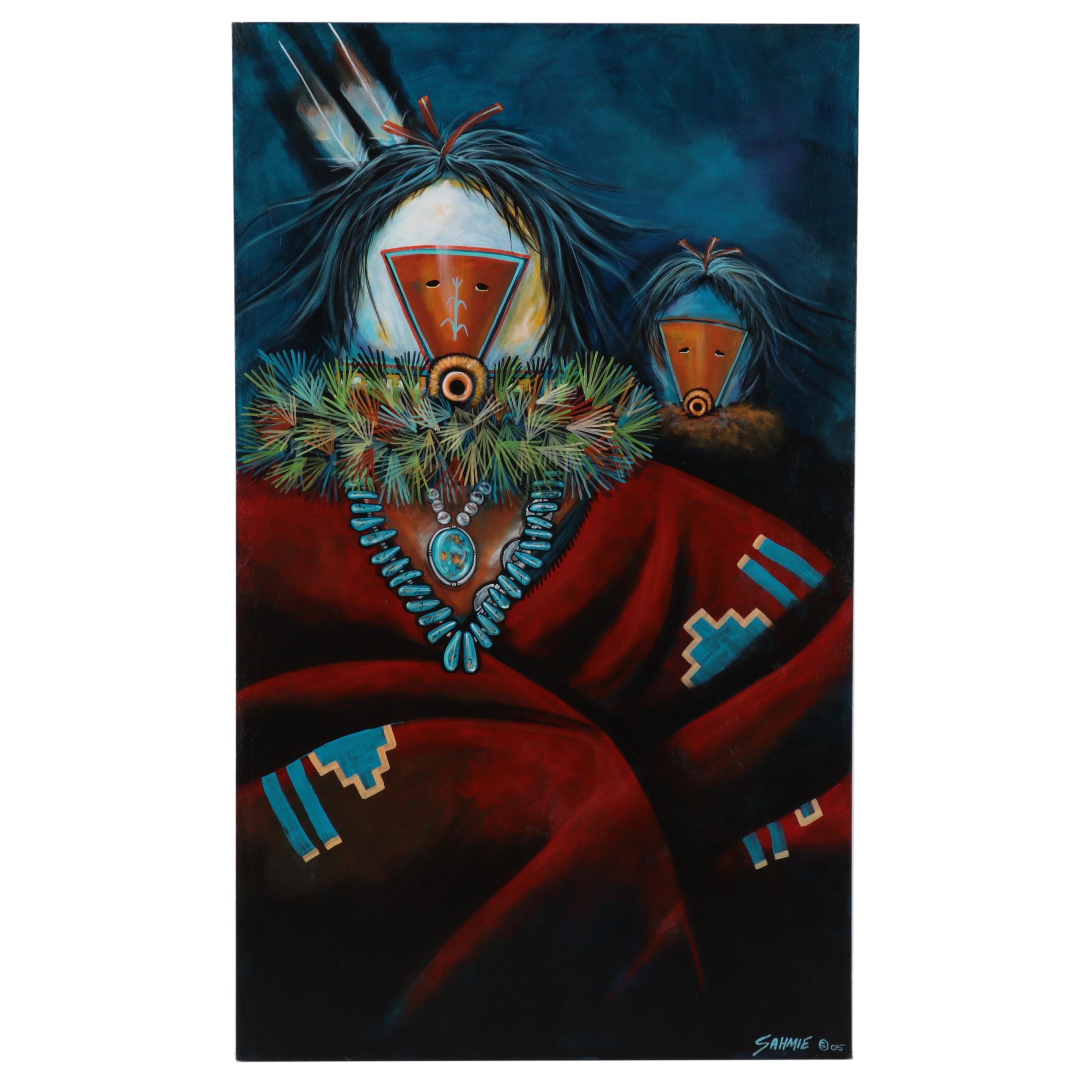 Randall Sahmie Oil Painting of Katsina Figures, 2005