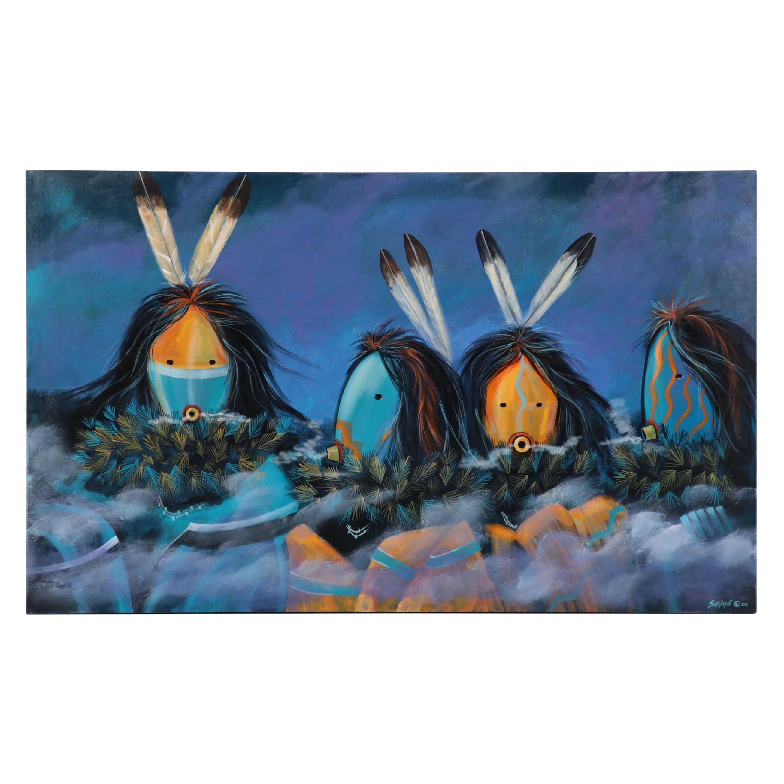 Randall Sahmie Oil Painting of Katsina Figures, 2009