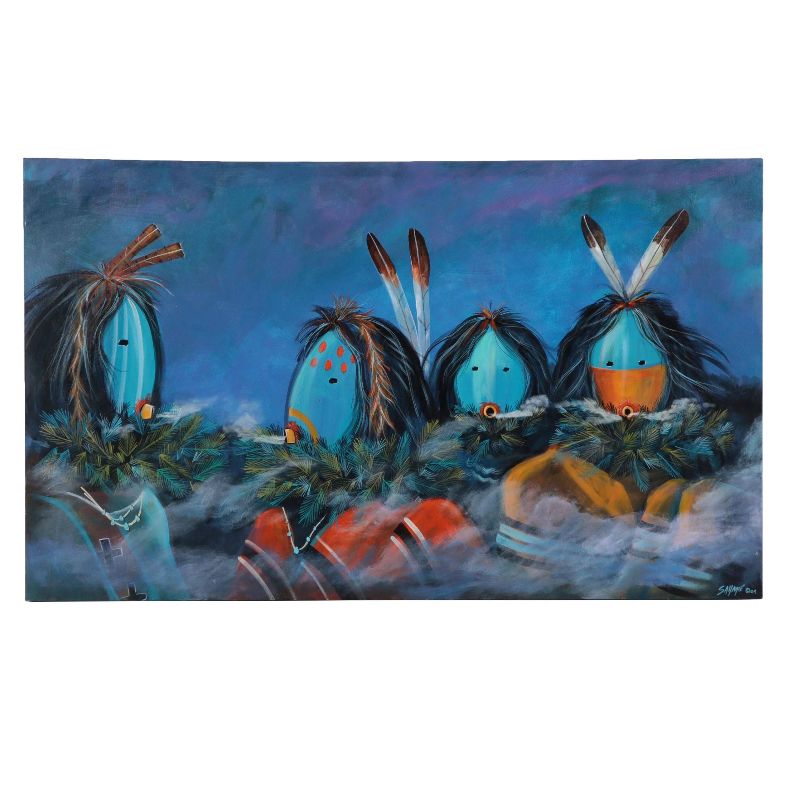 Randall Sahmie Oil Painting of Hopi Katsina Figures, 2004