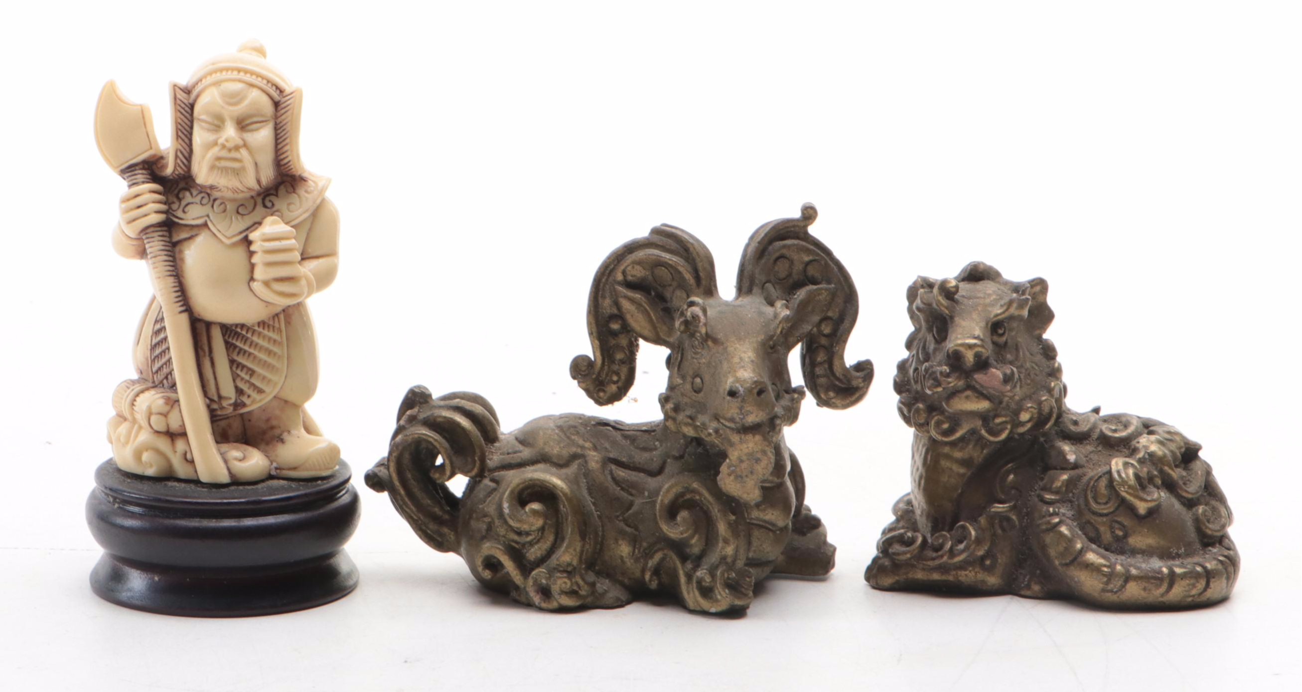 Chinese Lacquered Wood Tabletop Folding Screen with Brass and Resin Figurines