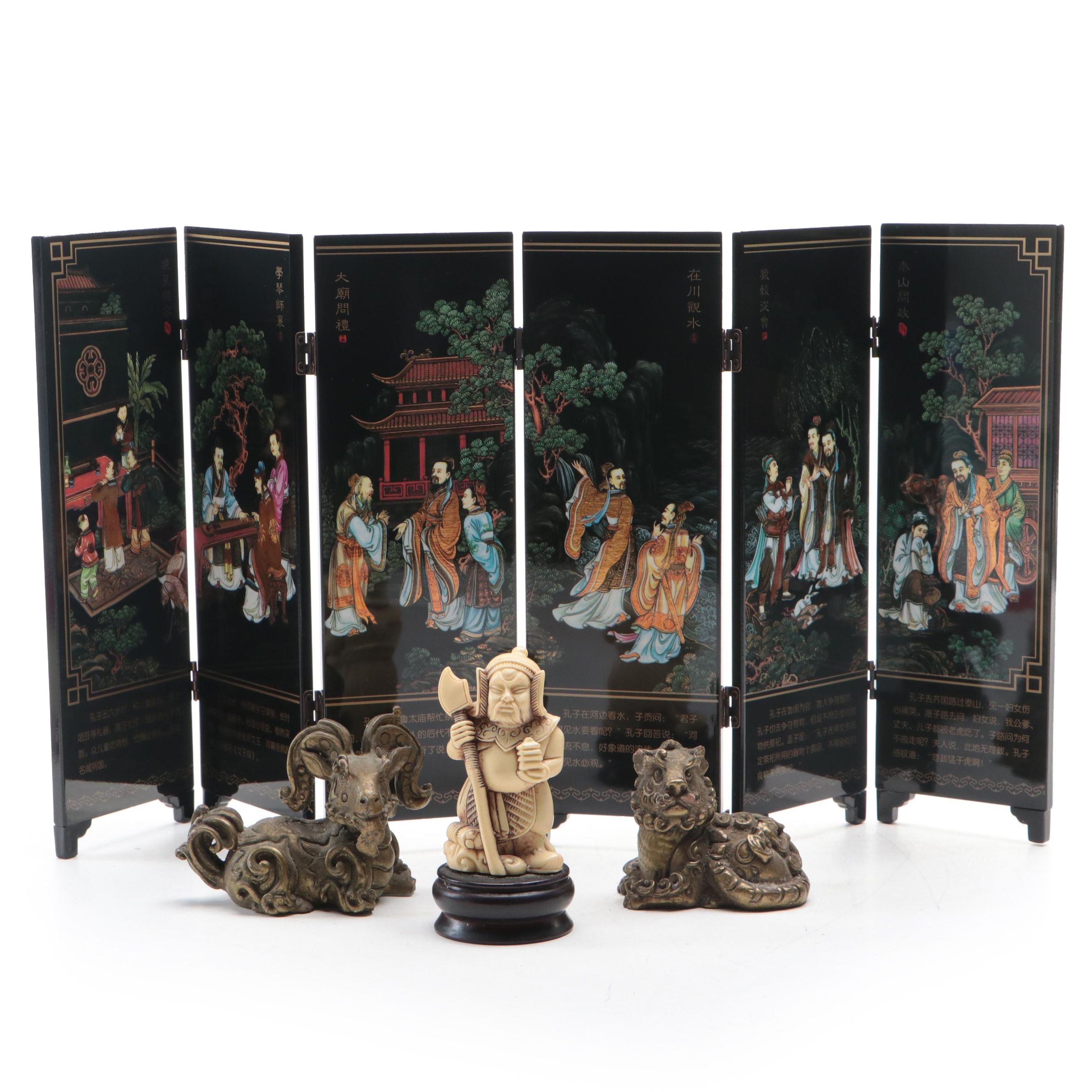 Chinese Lacquered Wood Tabletop Folding Screen with Brass and Resin Figurines