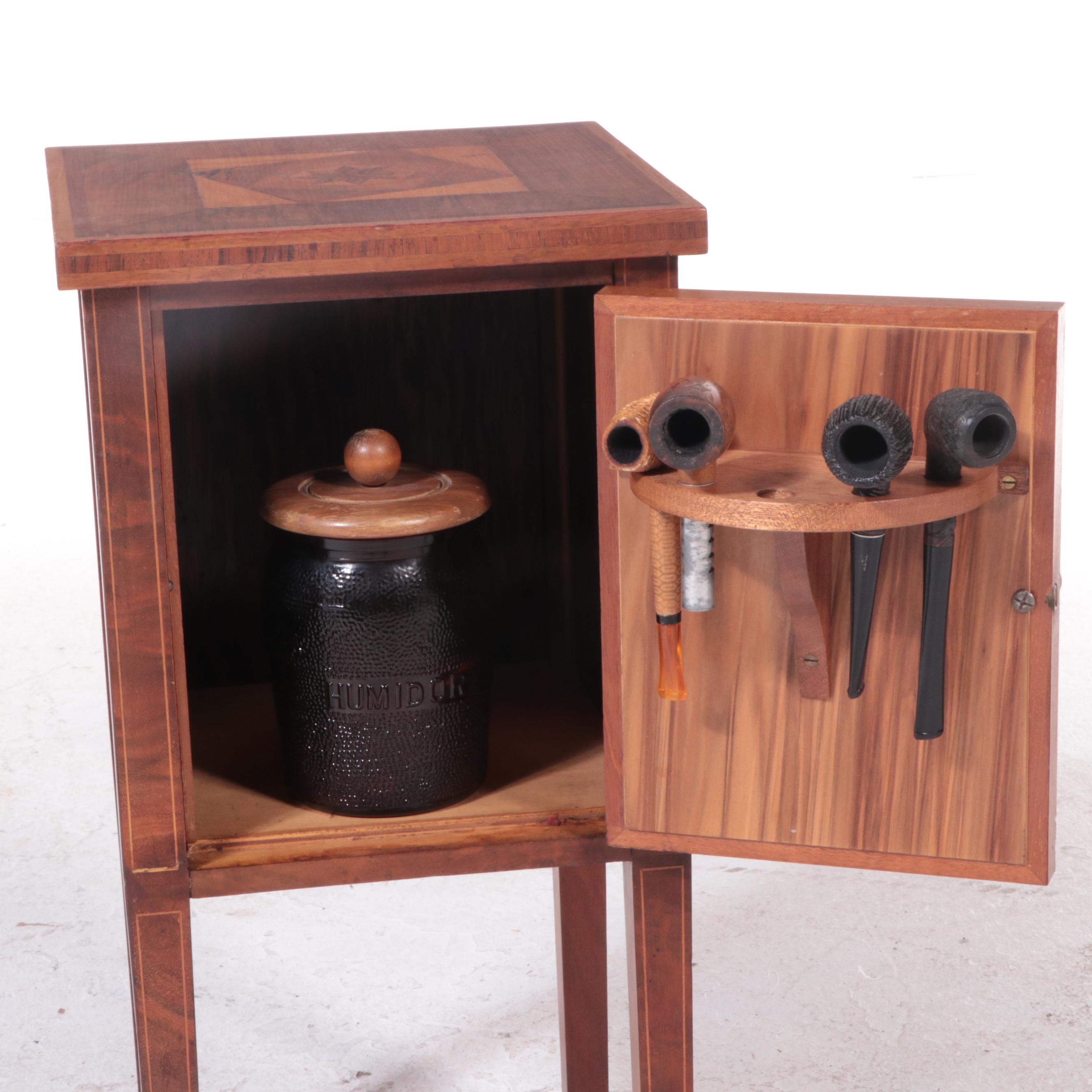 Walnut and Marquetry Smoking Stand with Tobacco Jar and Pipes, 20th Century