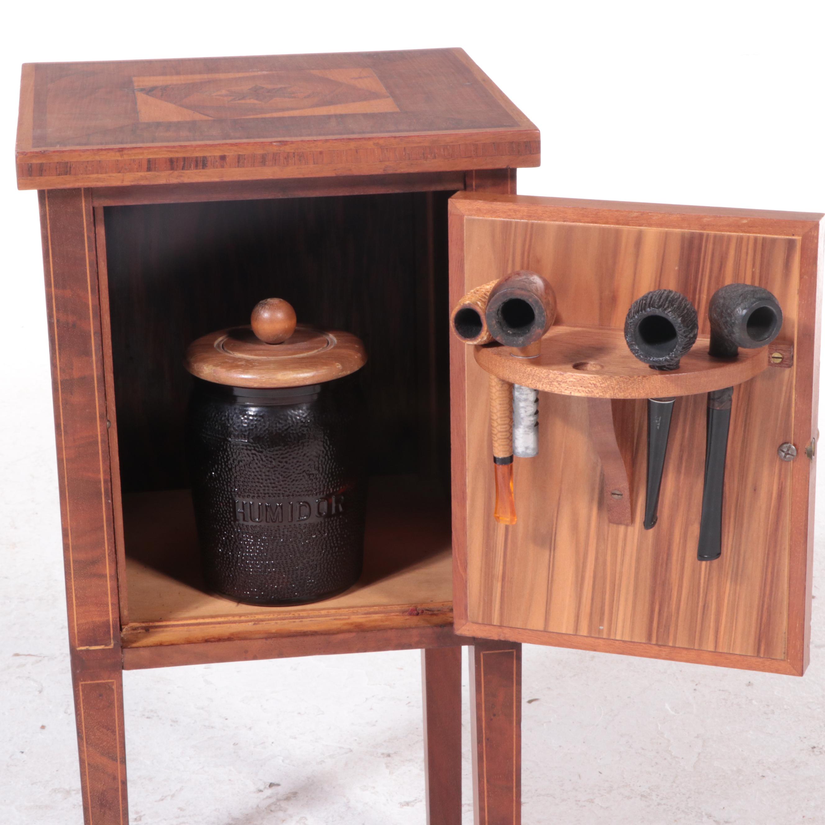 Walnut and Marquetry Smoking Stand with Tobacco Jar and Pipes, 20th Century