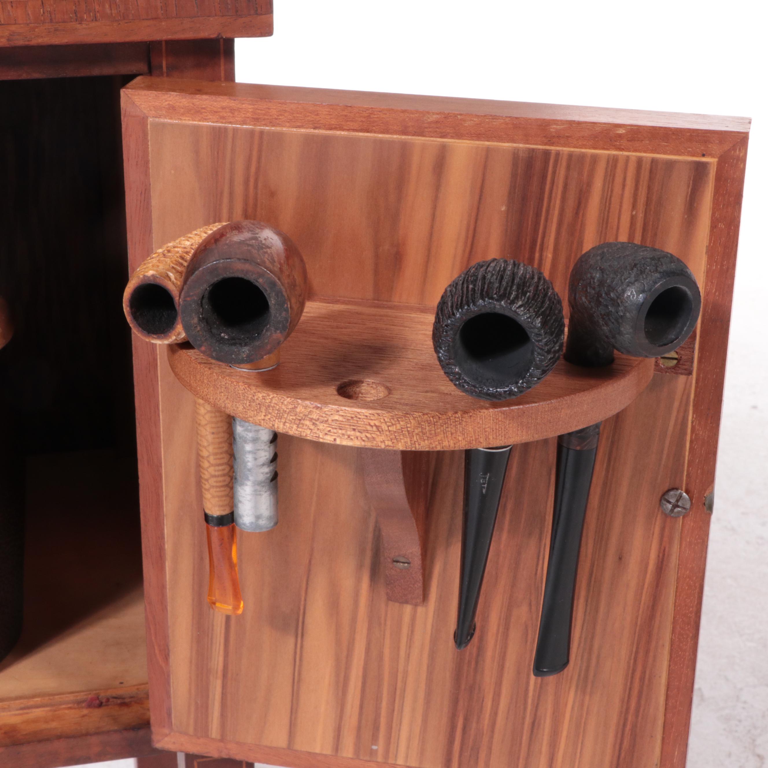 Walnut and Marquetry Smoking Stand with Tobacco Jar and Pipes, 20th Century