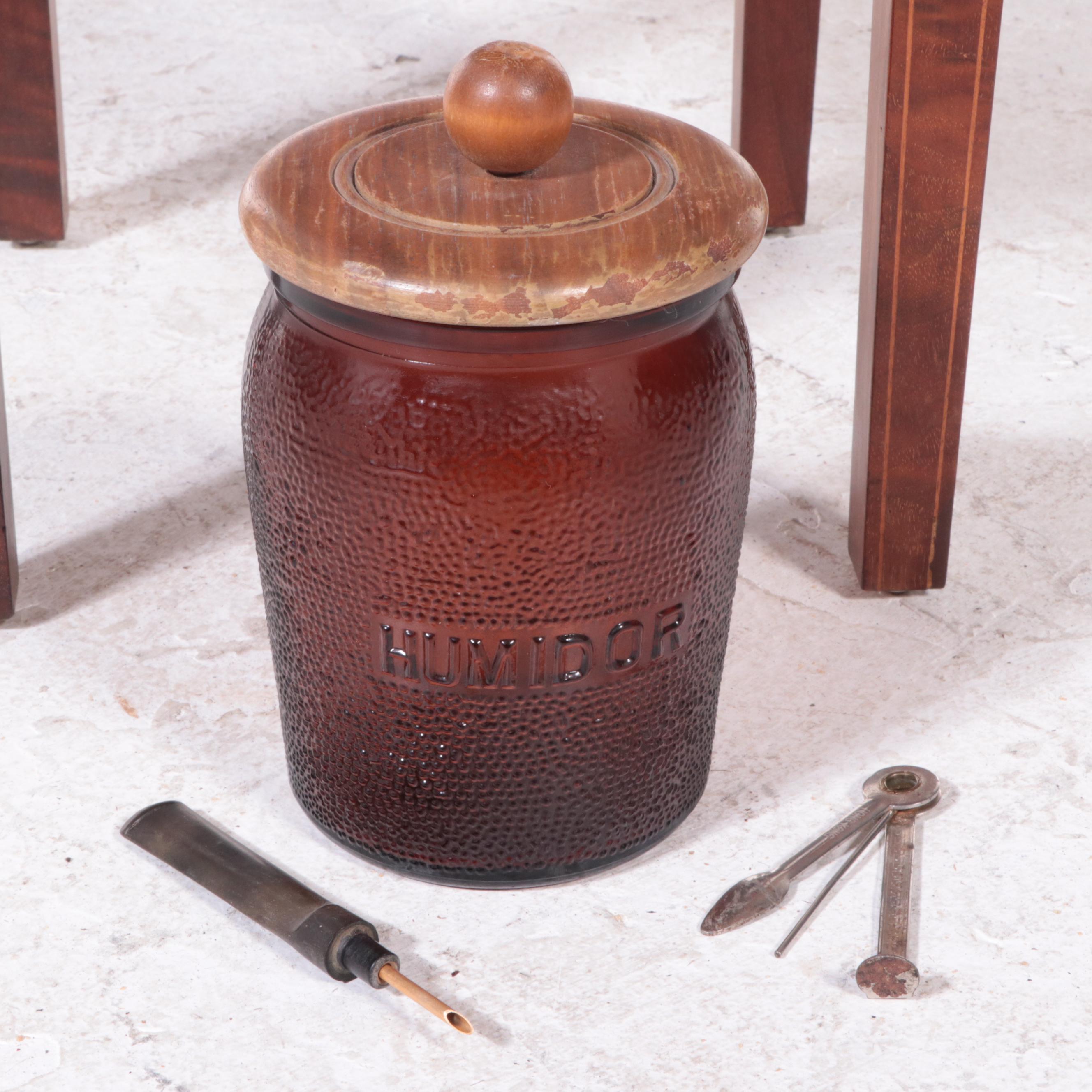 Walnut and Marquetry Smoking Stand with Tobacco Jar and Pipes, 20th Century