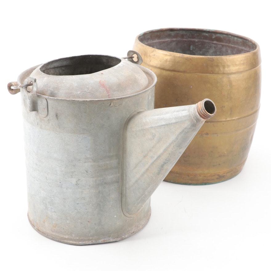 Galvanized Tin Watering Can with Indian Hammered Breass Barrel Planter