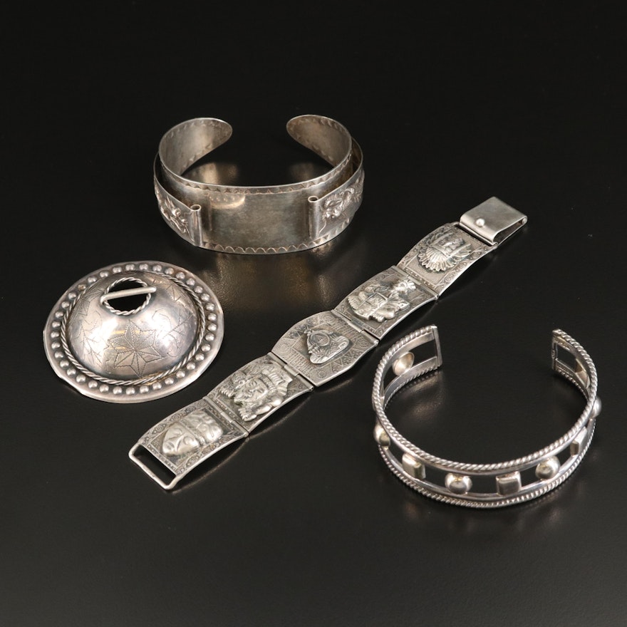 Sterling Bracelet Selection with Dragon Watch Cuff and Dome Brooch