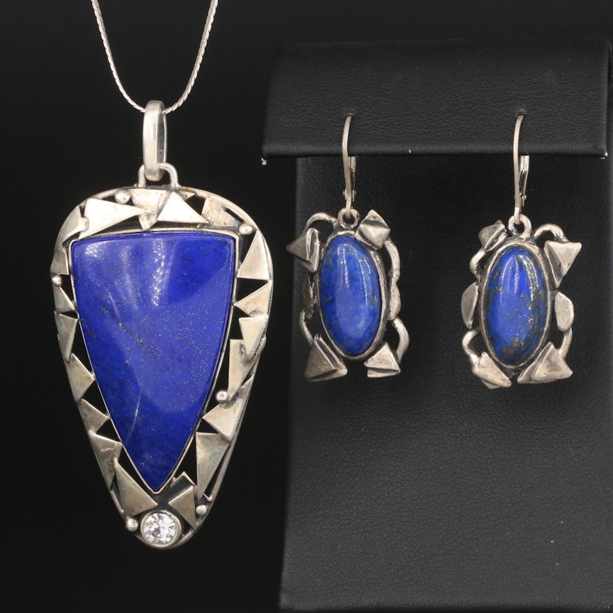 Sterling Lapis Lazuli Pendant Necklace and Earrings