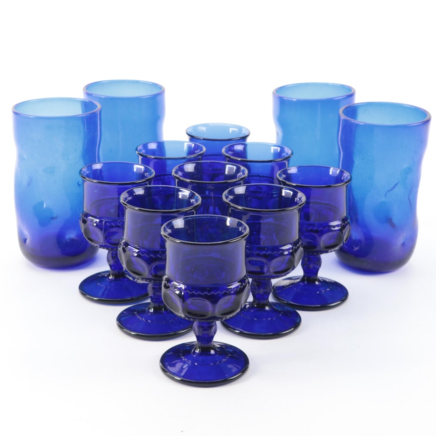 Blenko Cobalt Glass Tumblers with Colony "Crown" Cobalt Wine Glasses