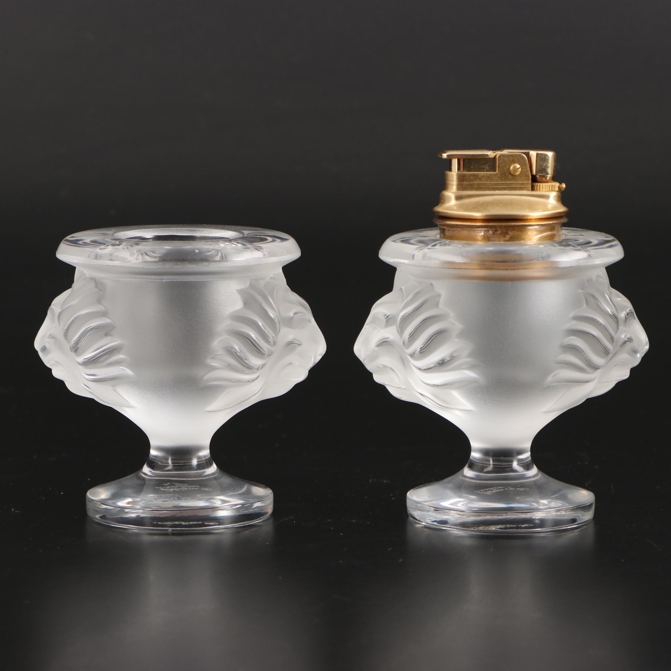 Lalique "Tête de Lion" Frosted and Clear Crystal Lighter and Cigarette Holder