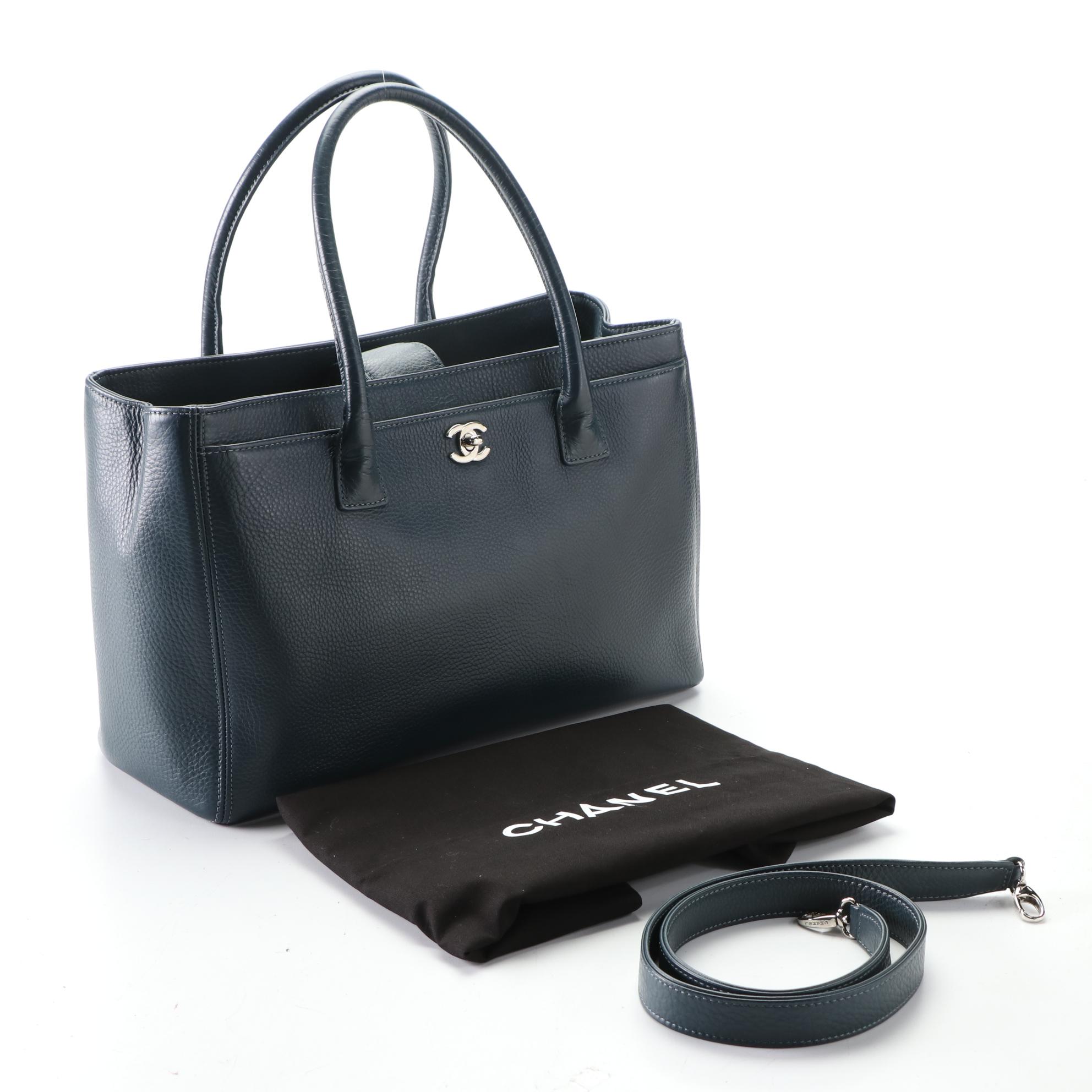 Chanel Cerf Executive Medium Tote in Blue Grained Leather with CC Turnlock