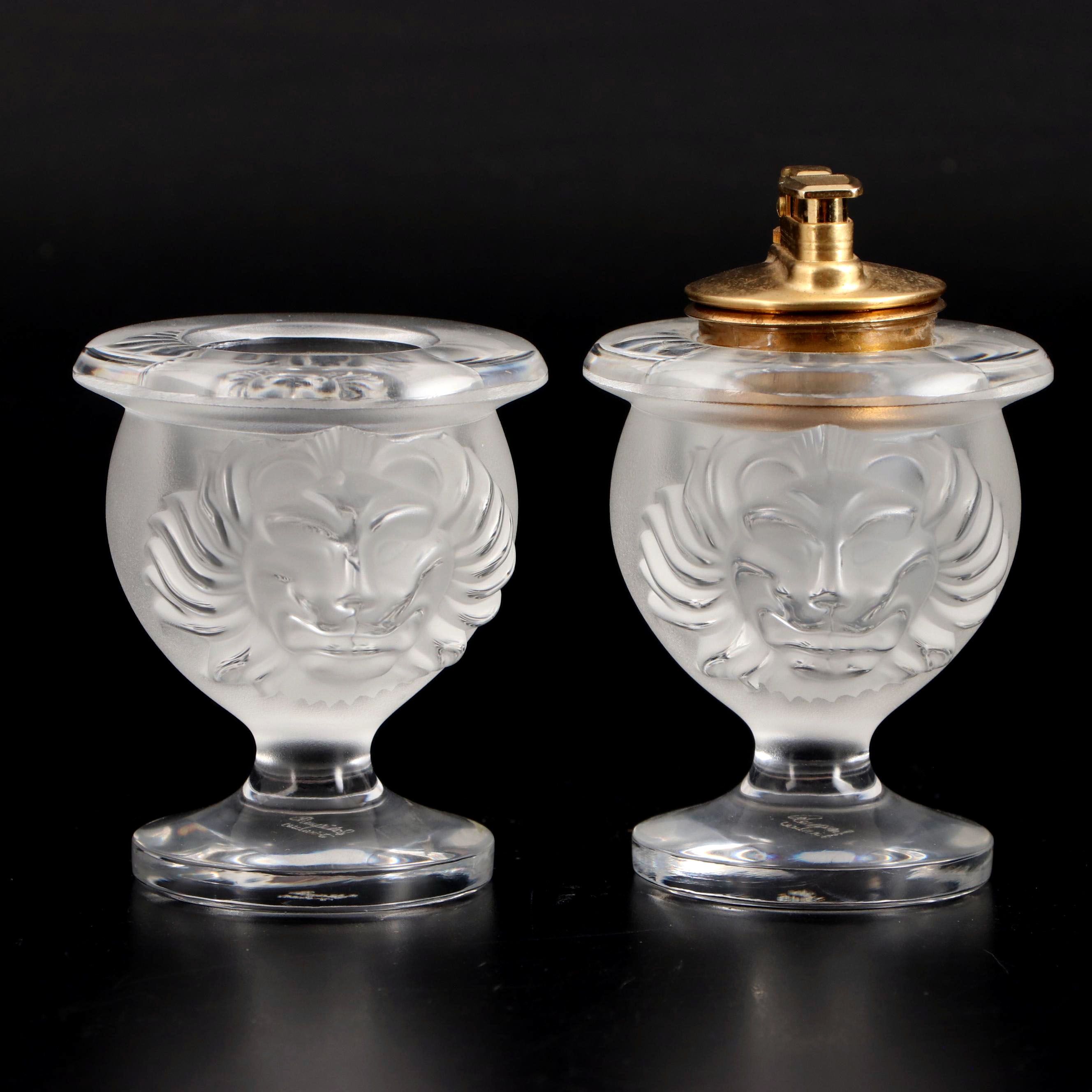 Lalique "Tête de Lion" Frosted and Clear Crystal Lighter and Cigarette Holder