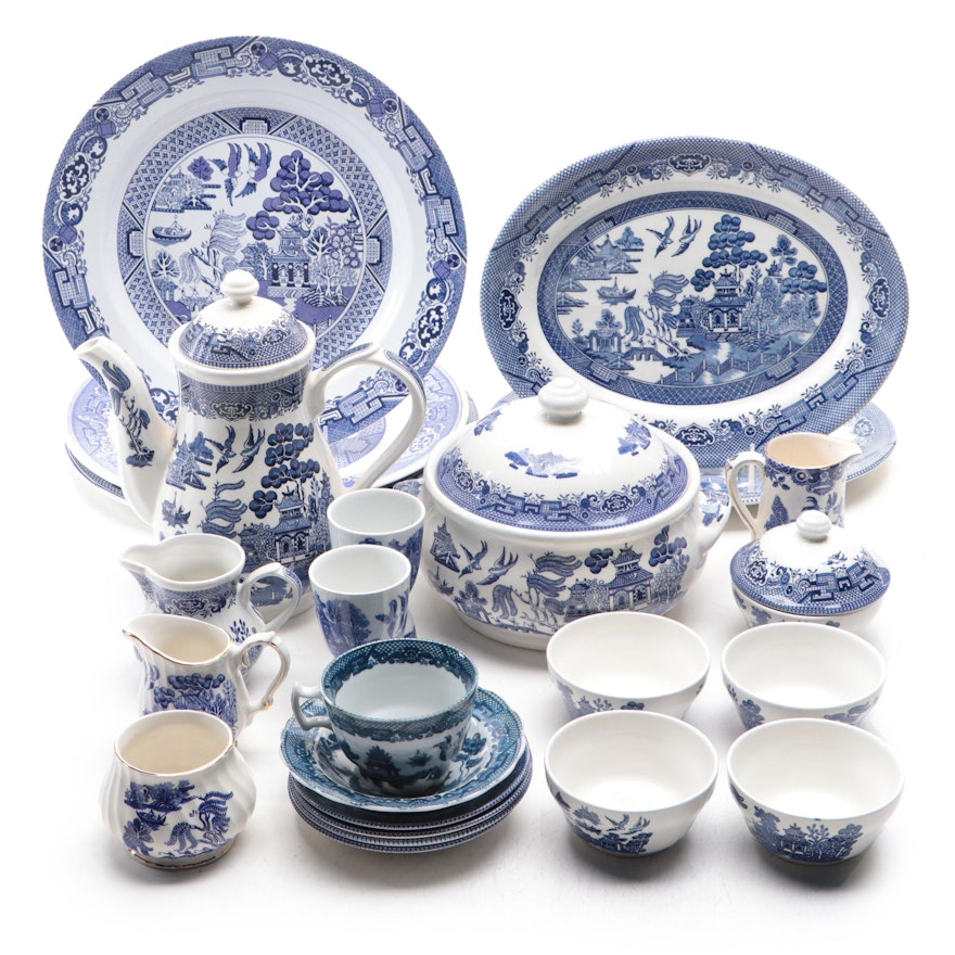 Burleigh Ware "Willow" with Other English Blue Willow Tableware, 20th Century