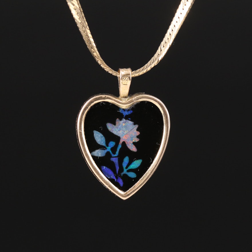 14K Glass with Opal Inlay Heart Pendant on Italian Herringbone Necklace