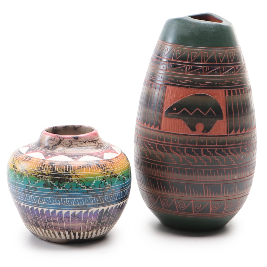 Hilda Whitegoat Navajo Raku and Sgraffito Earthenware Vases