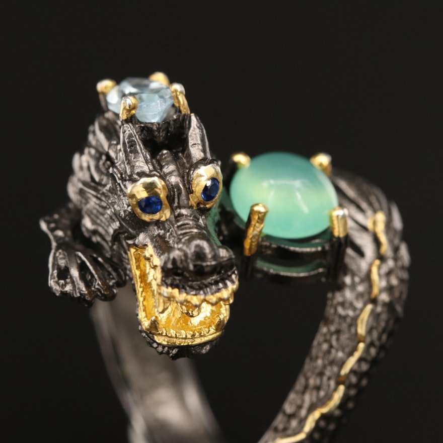 Sterling Chalcedony, Topaz and Sapphire Dragon Ring