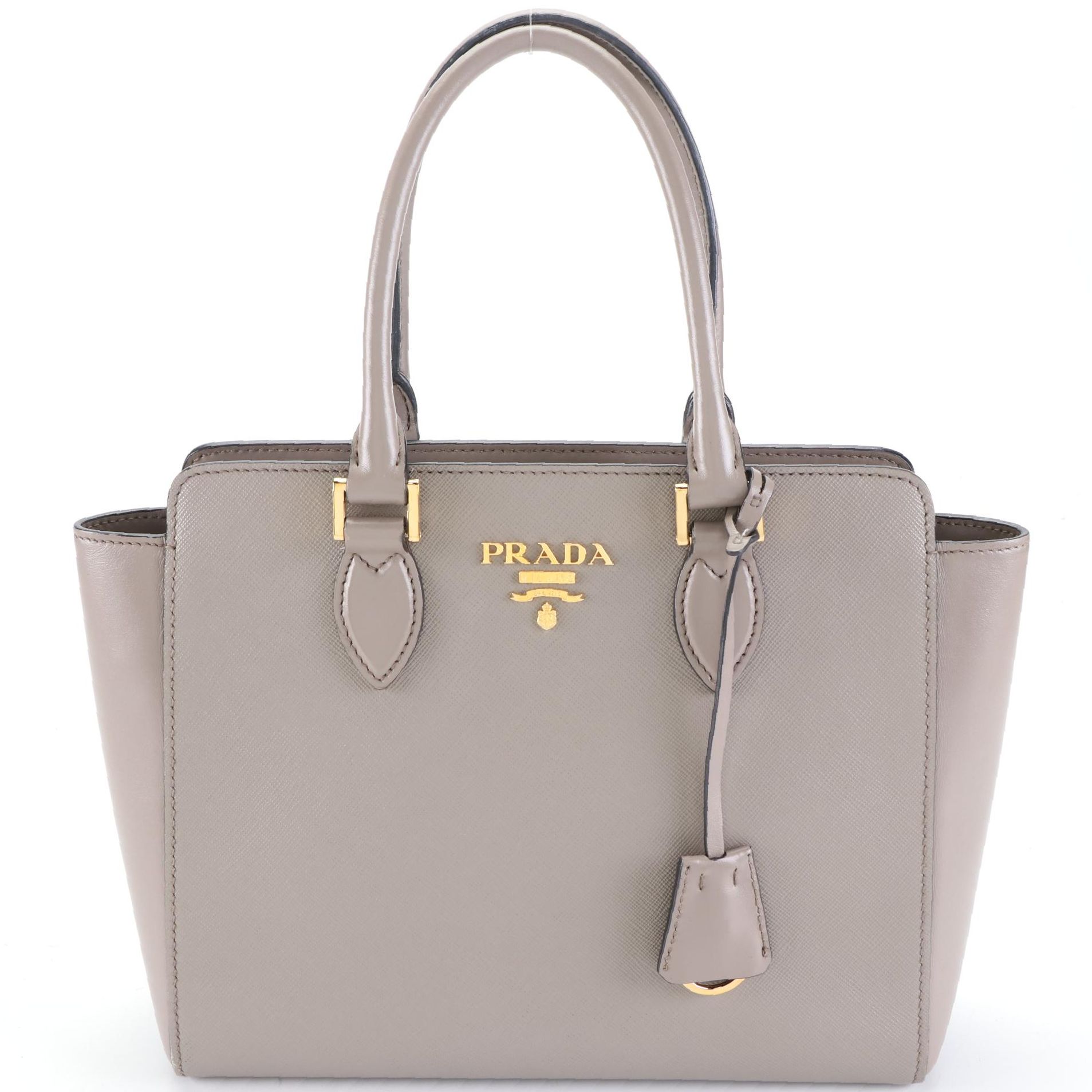 Prada Small Zip Handbag in Dove Grey Saffiano and Smooth Leather