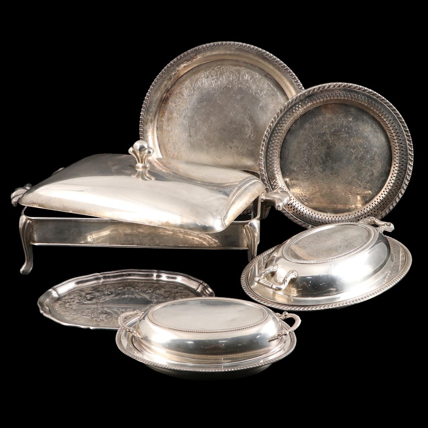 Crescent and Oneida Silver Plate Double Vegetable Dish and Other Serveware