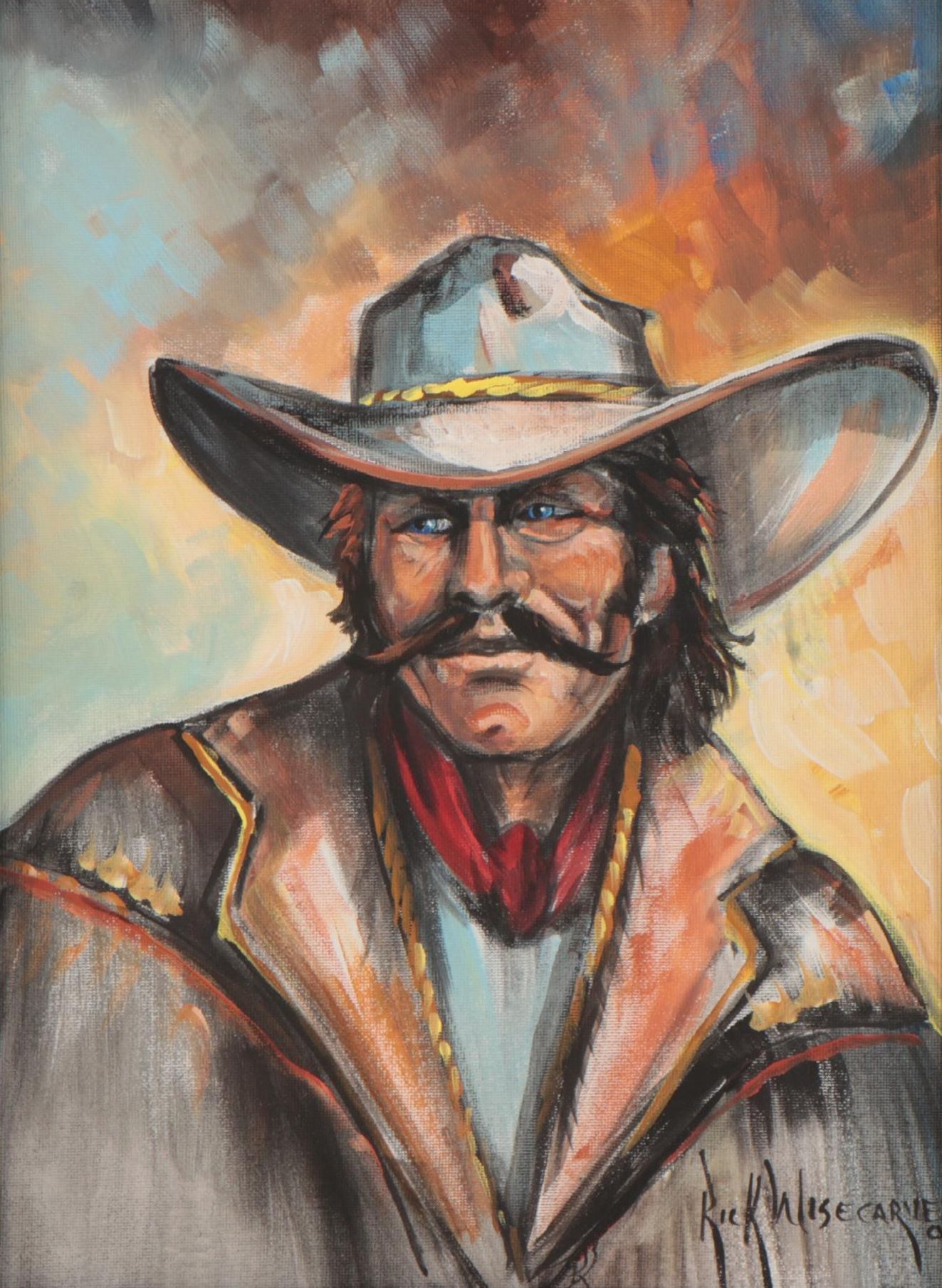 Rick Wisecarver Oil Painting of Cowboy Portrait, 2001