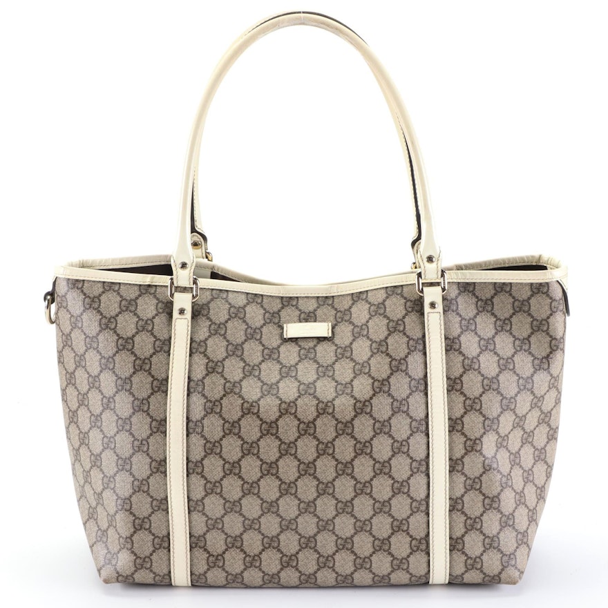 Gucci Medium Shoulder Tote in GG Supreme Canvas with Ivory Patent Leather Trim