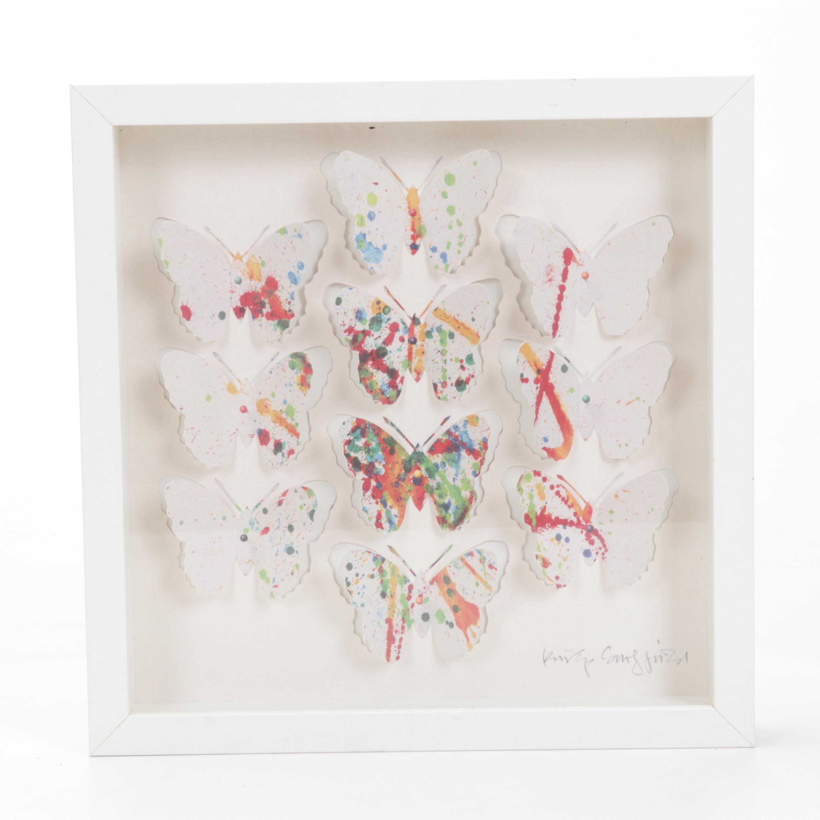 Driftwood Heart Wall Hangings, Framed Paper Butterflies, and Metal Bicycle Decor