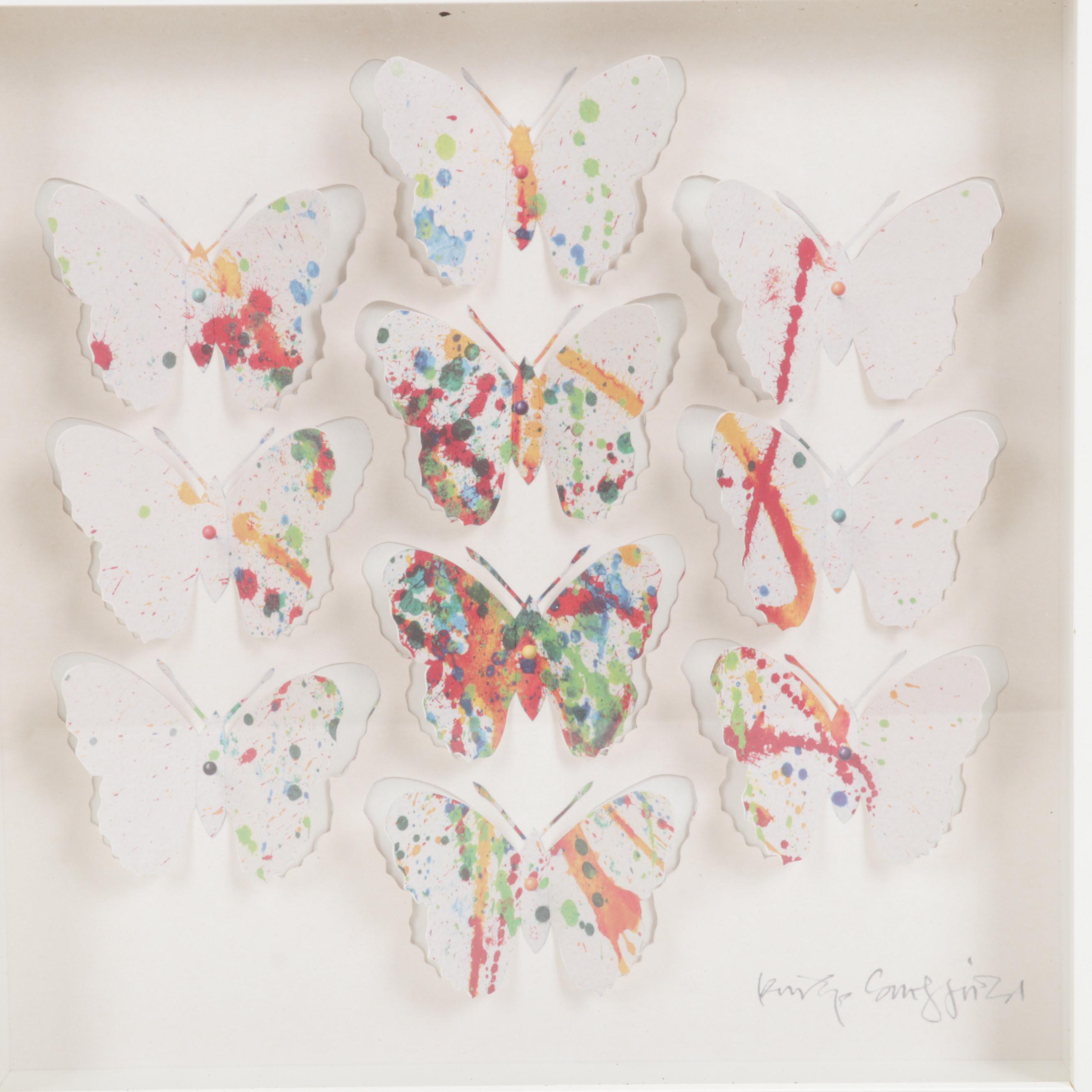 Driftwood Heart Wall Hangings, Framed Paper Butterflies, and Metal Bicycle Decor