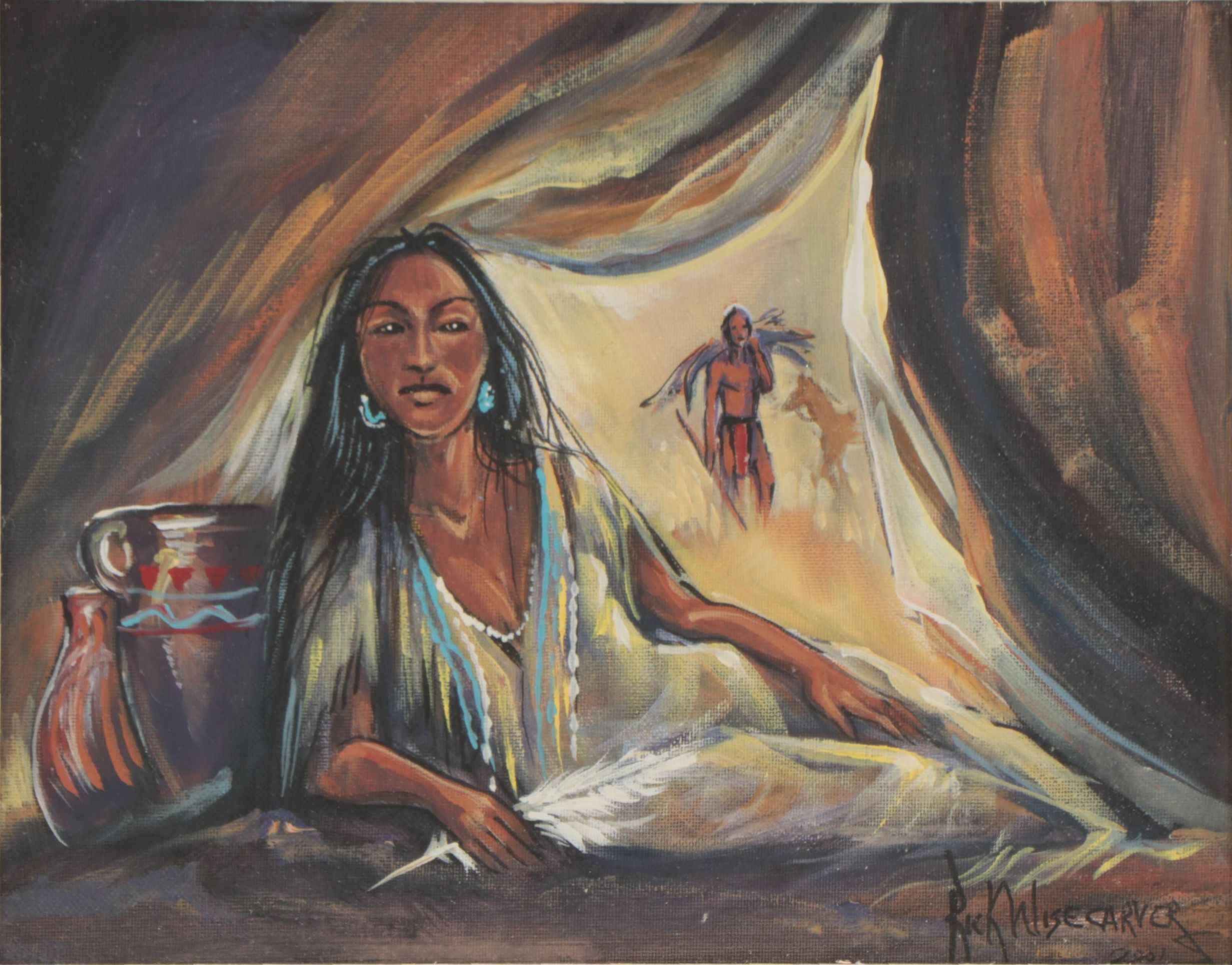 Rick Wisecarver Native American Scene Oil Painting, 2001