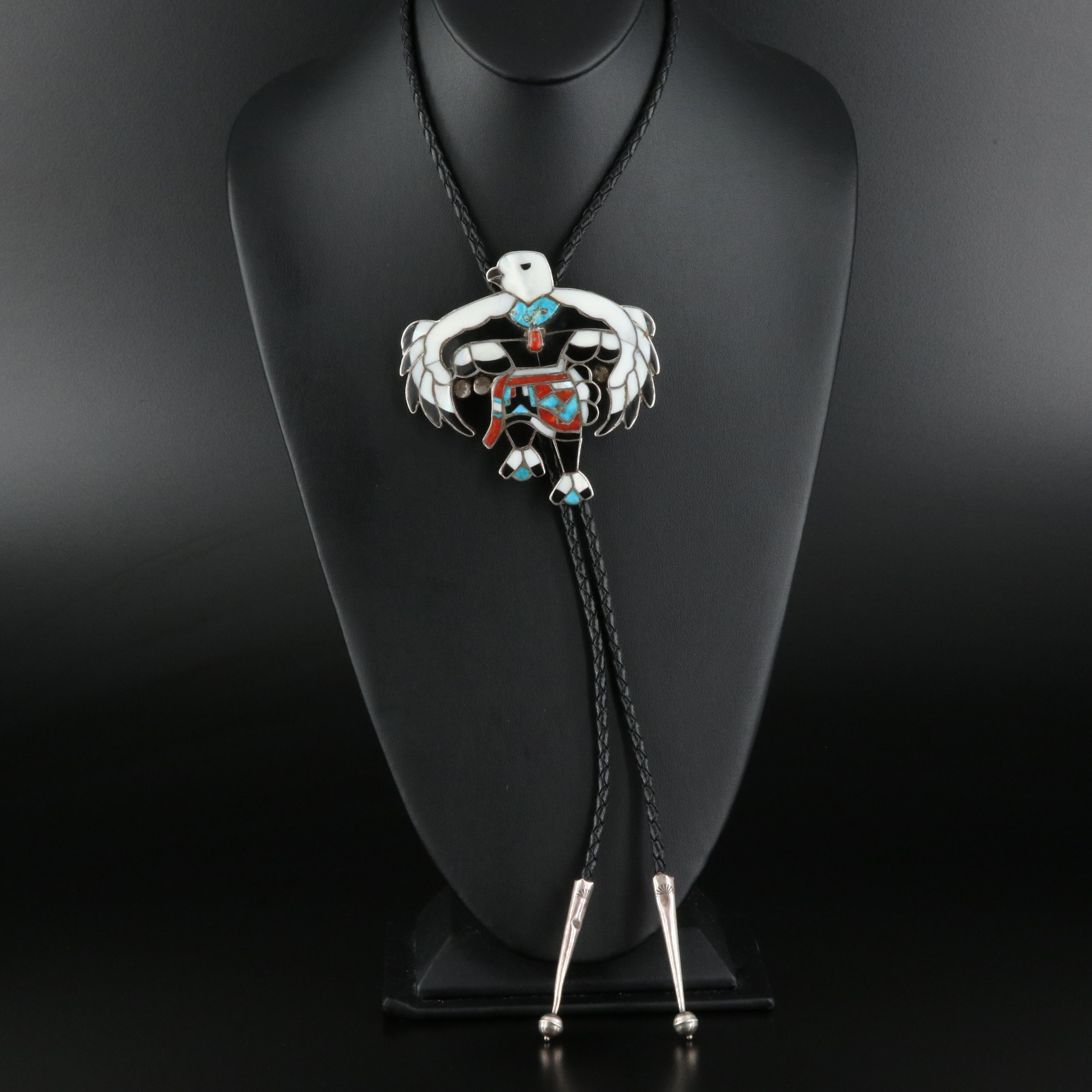 Vintage Western Style Sterling, Turquoise and Coral Thunderbird Bolo Tie