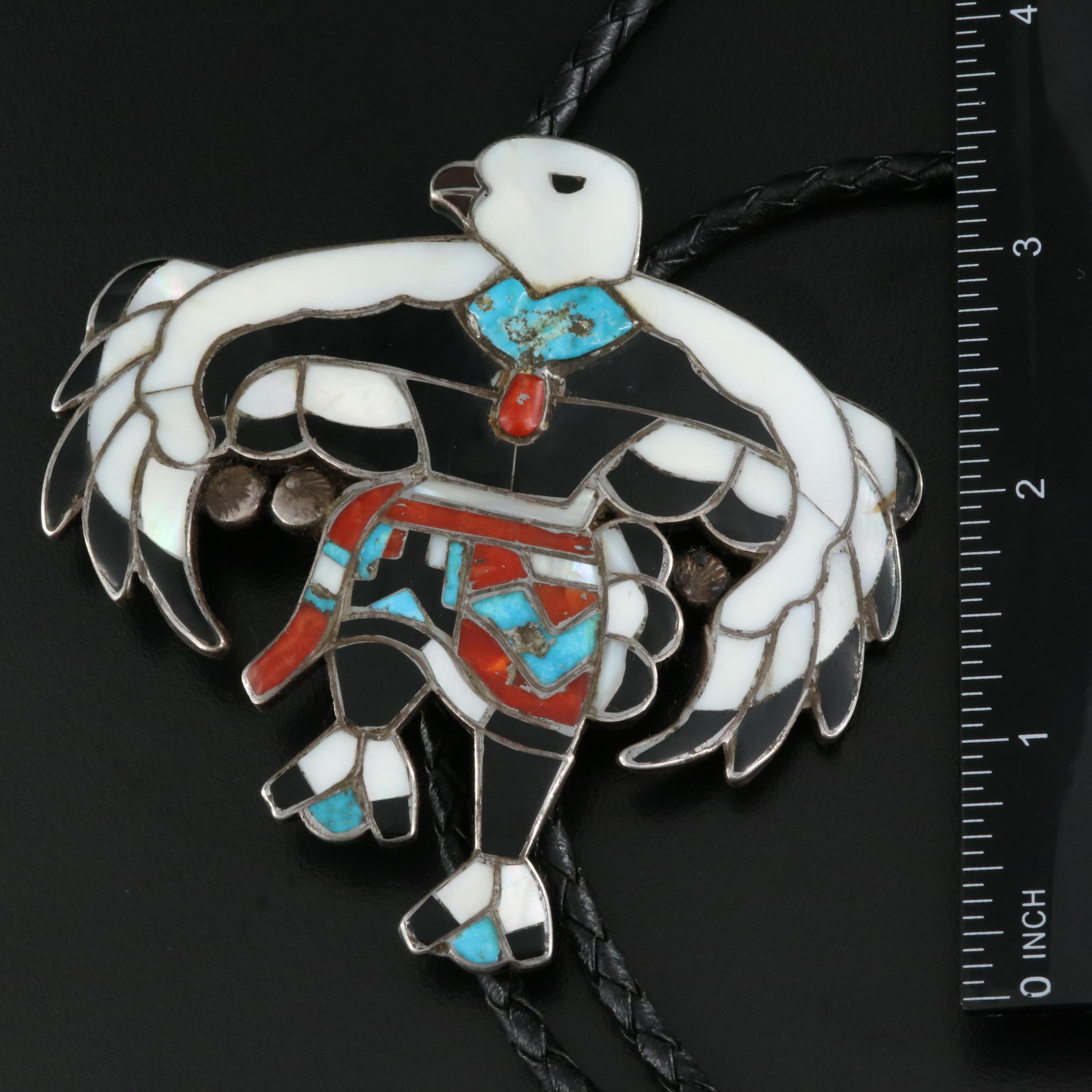 Vintage Western Style Sterling, Turquoise and Coral Thunderbird Bolo Tie