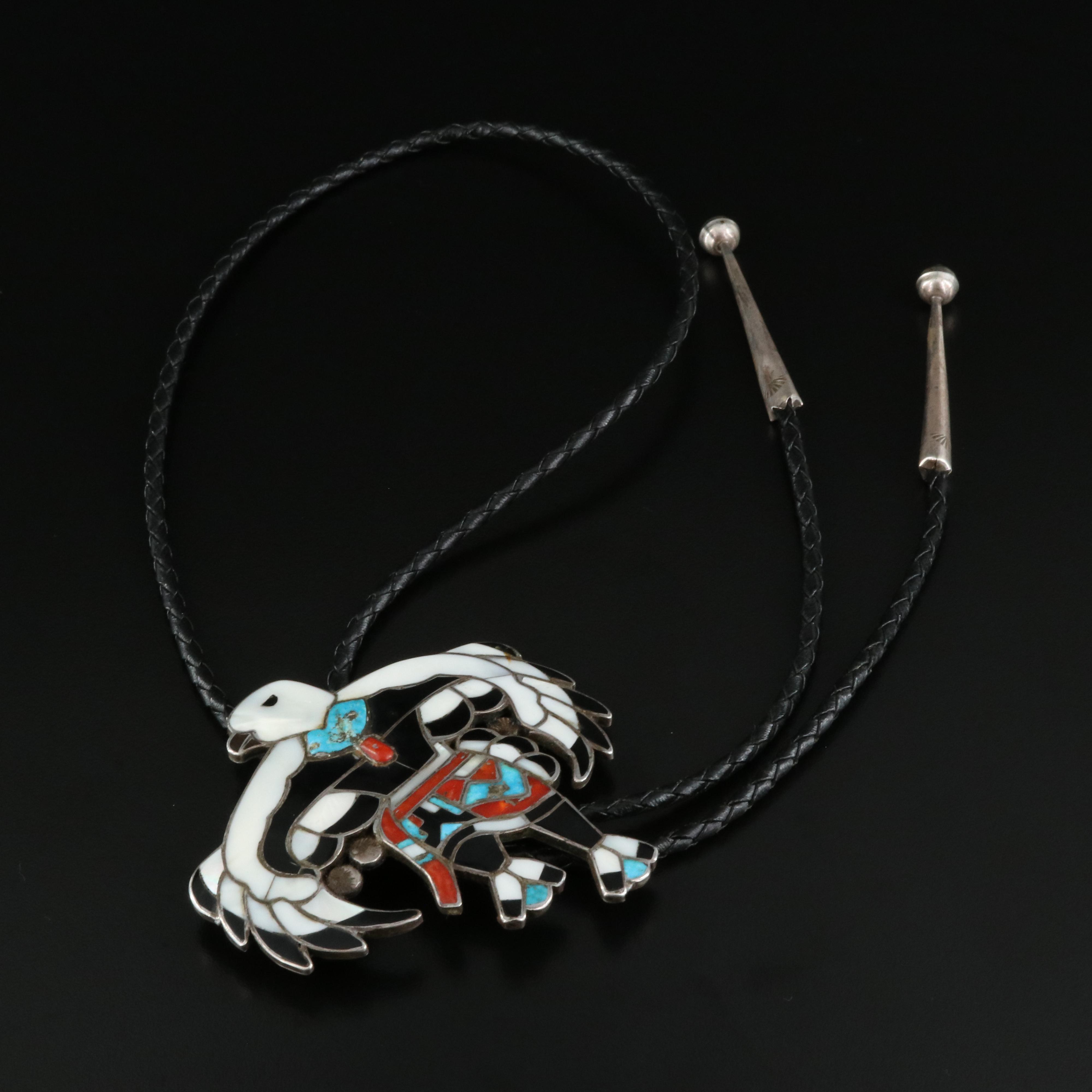 Vintage Western Style Sterling, Turquoise and Coral Thunderbird Bolo Tie
