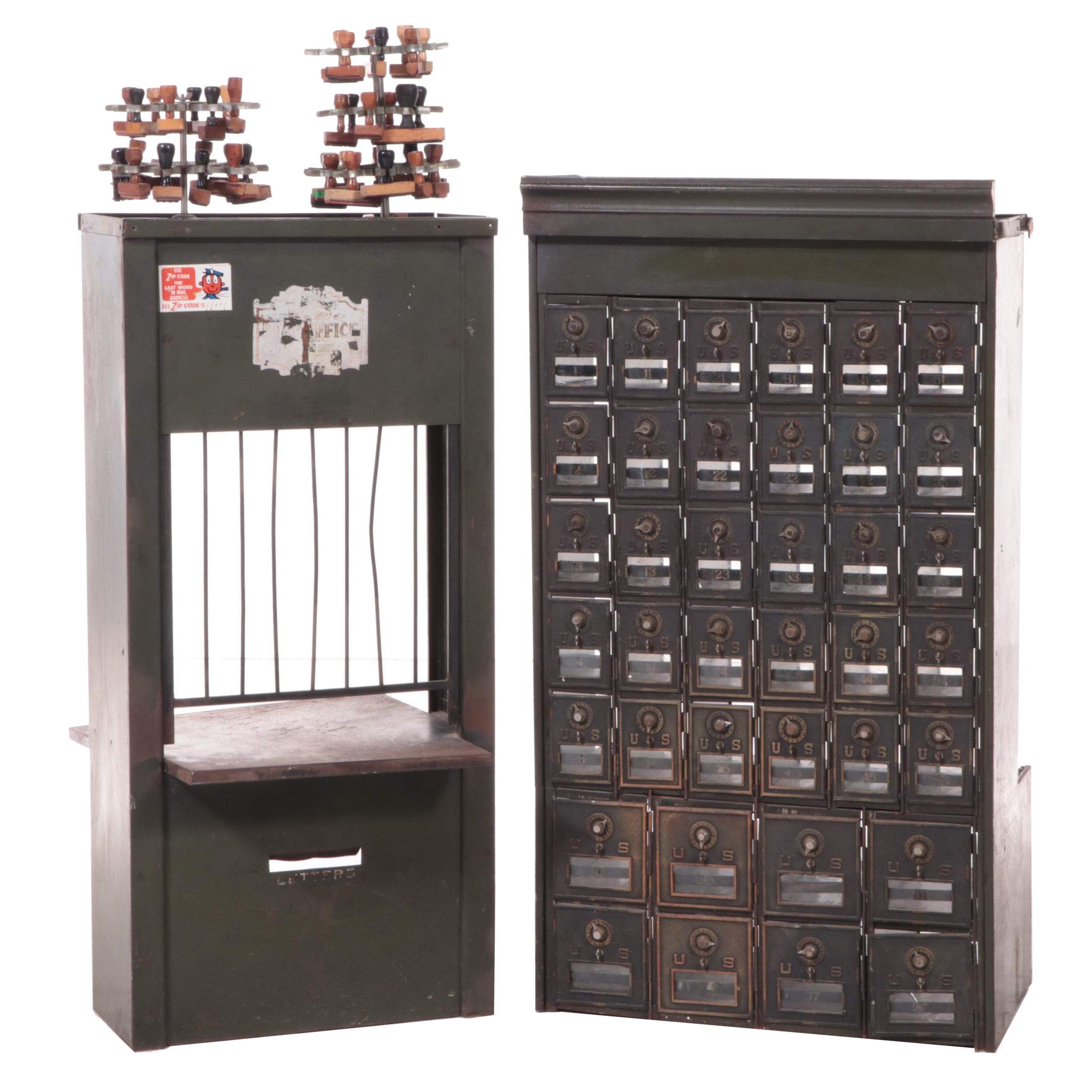 U.S. Army Post Office Mail Box Units, Bar Window Counter and Rubber Stamps