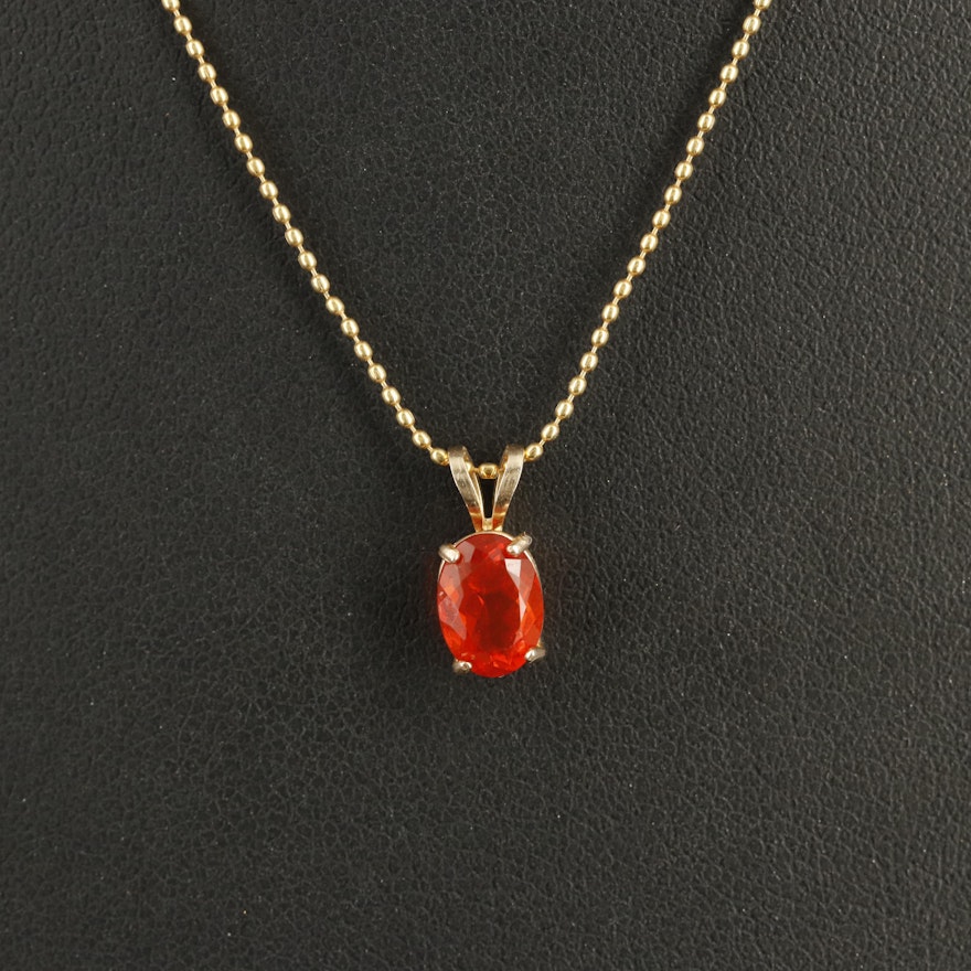 14K Fire Opal Pendant on 10K Bead Necklace