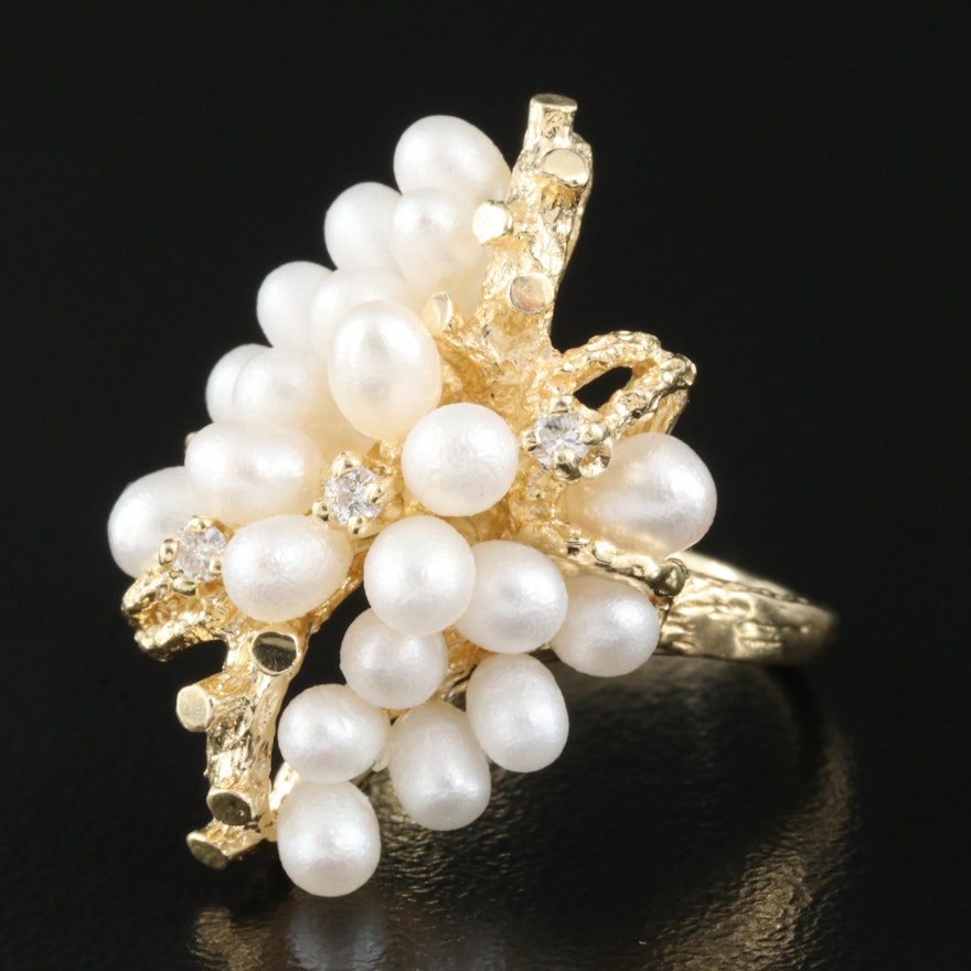 14K Pearl and Diamond Cluster Ring