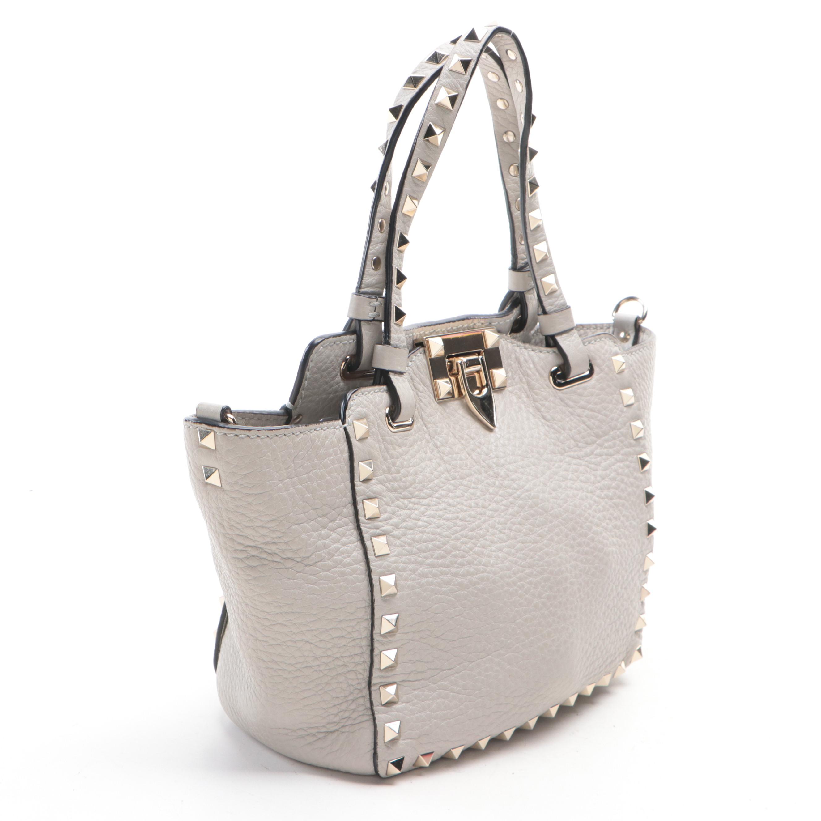 Valentino Rockstud Mini Tote in Grey Grained Leather