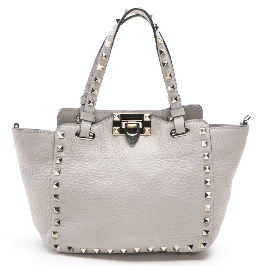 Valentino Rockstud Mini Tote in Grey Grained Leather