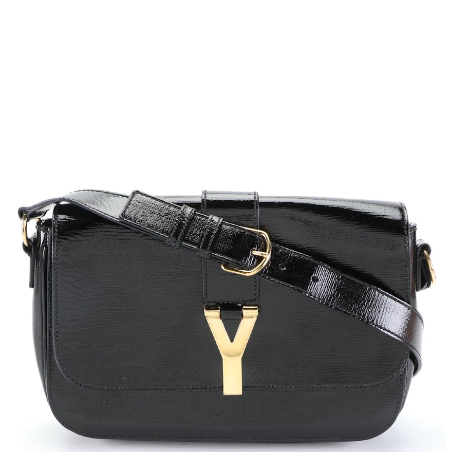 Yves Saint Laurent Chyc Flap Shoulder Bag in Black Patent Leather