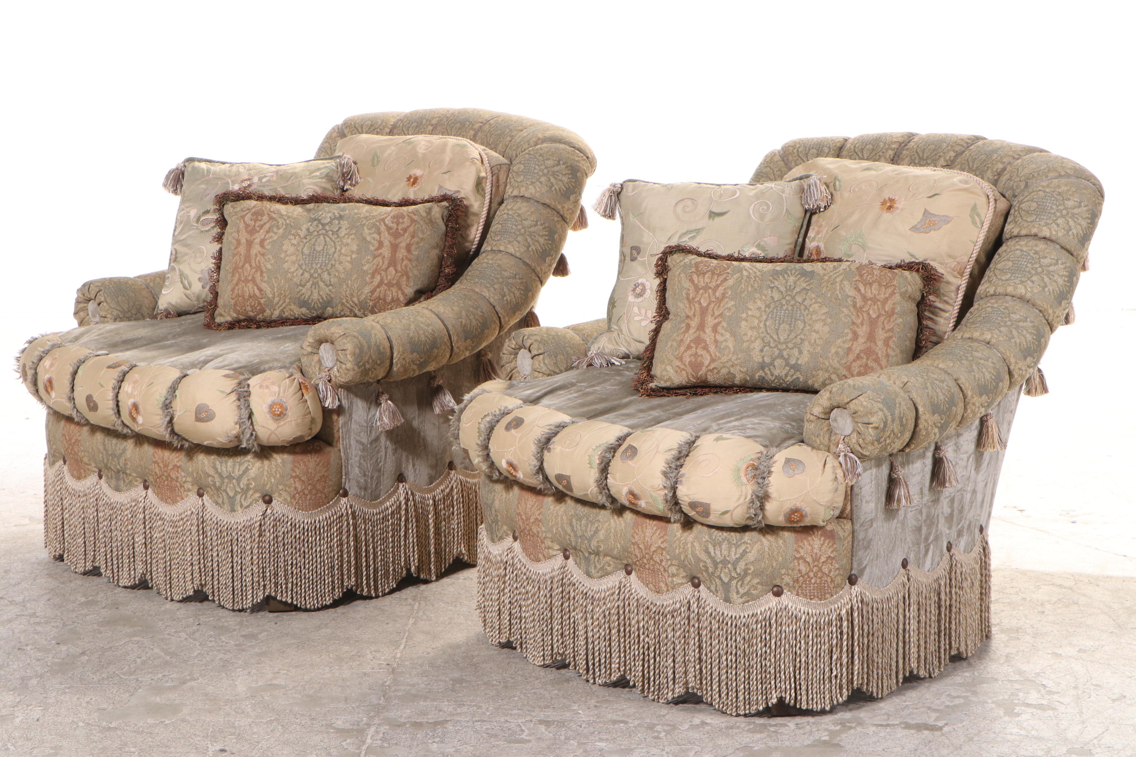 Pair of Carol Hicks Bolton and EJ Victor Custom Upholstered Chairs with Ottomans