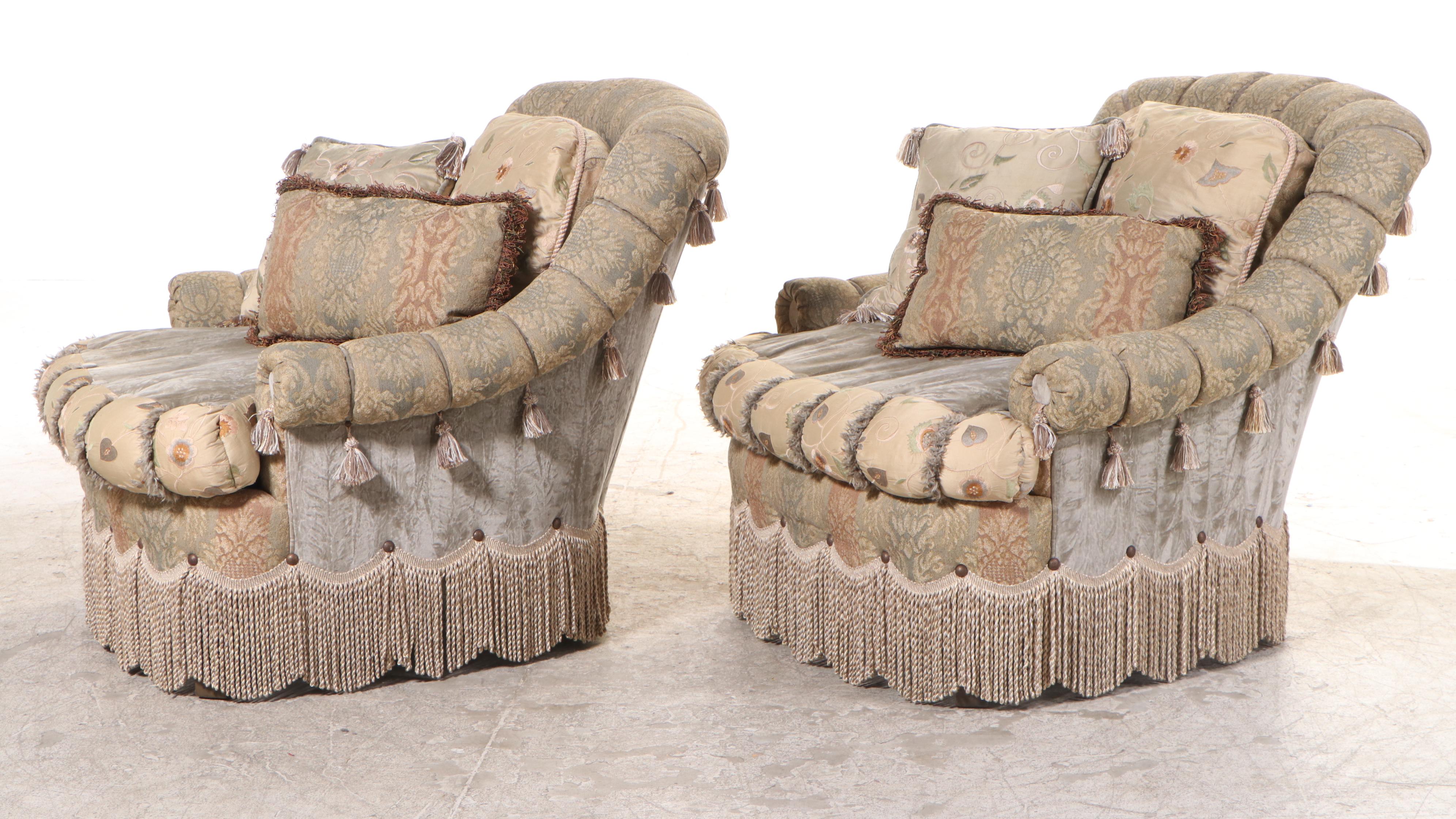 Pair of Carol Hicks Bolton and EJ Victor Custom Upholstered Chairs with Ottomans